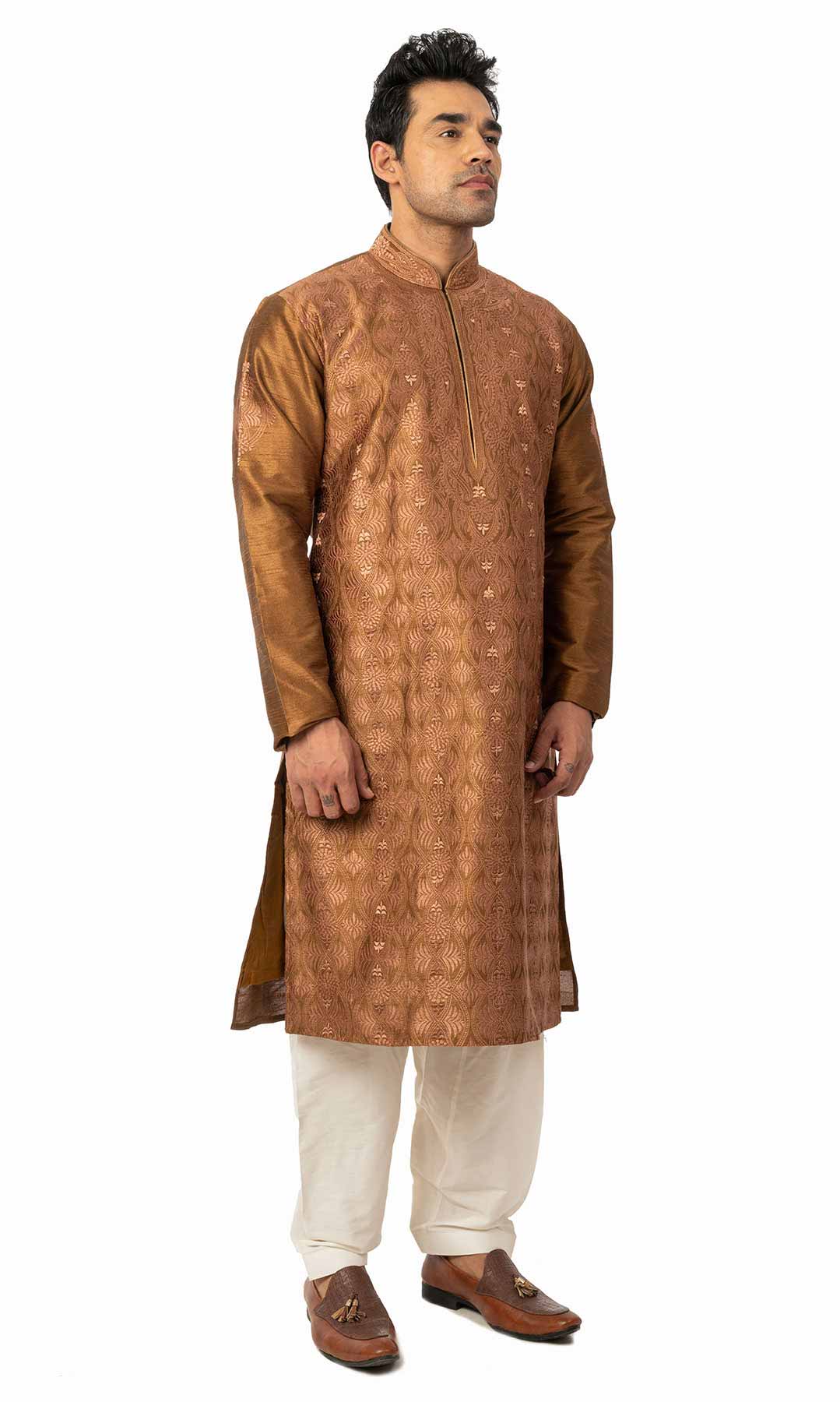 Brown Raw Silk Kurta Set With Thread Work - Viraaya By Ushnakmals