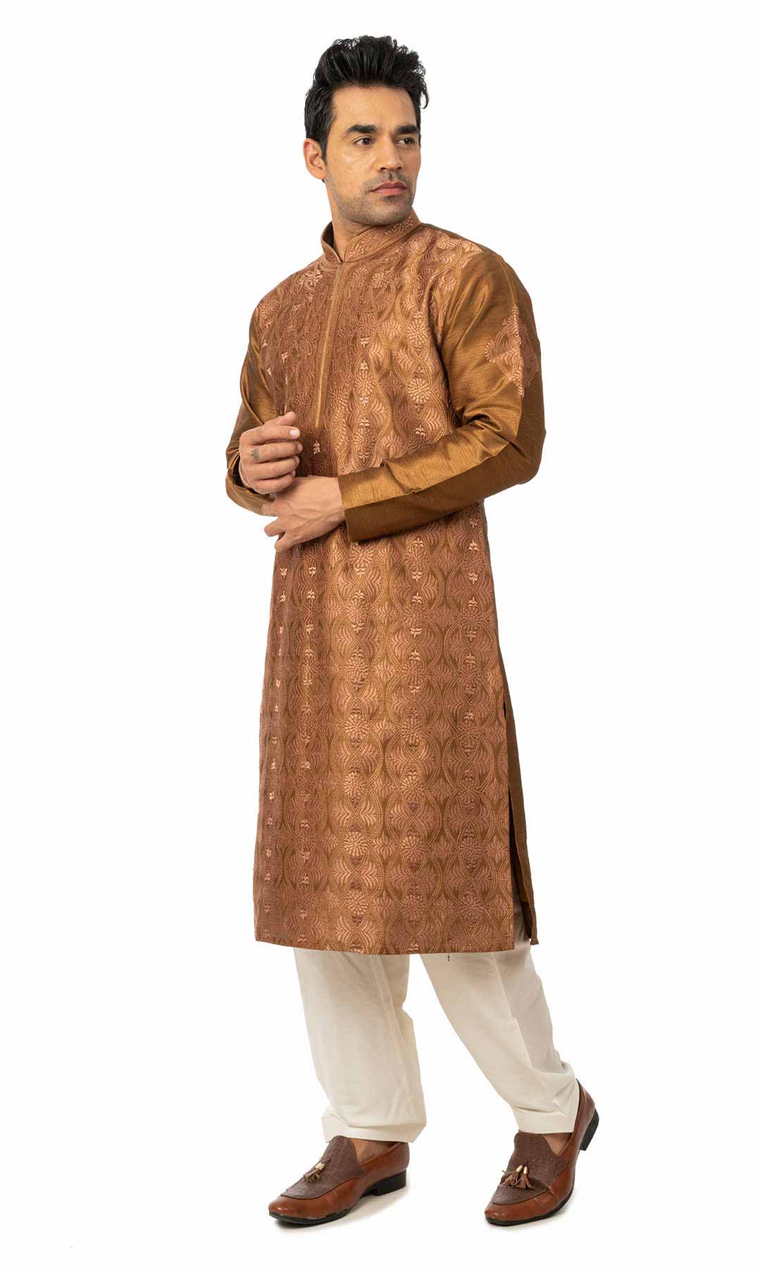 Brown Raw Silk Kurta Set With Thread Work - Viraaya By Ushnakmals