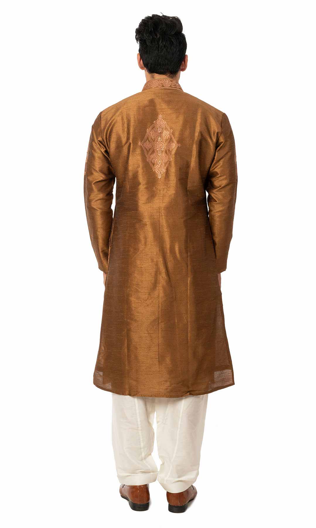 Brown Raw Silk Kurta Set With Thread Work - Viraaya By Ushnakmals
