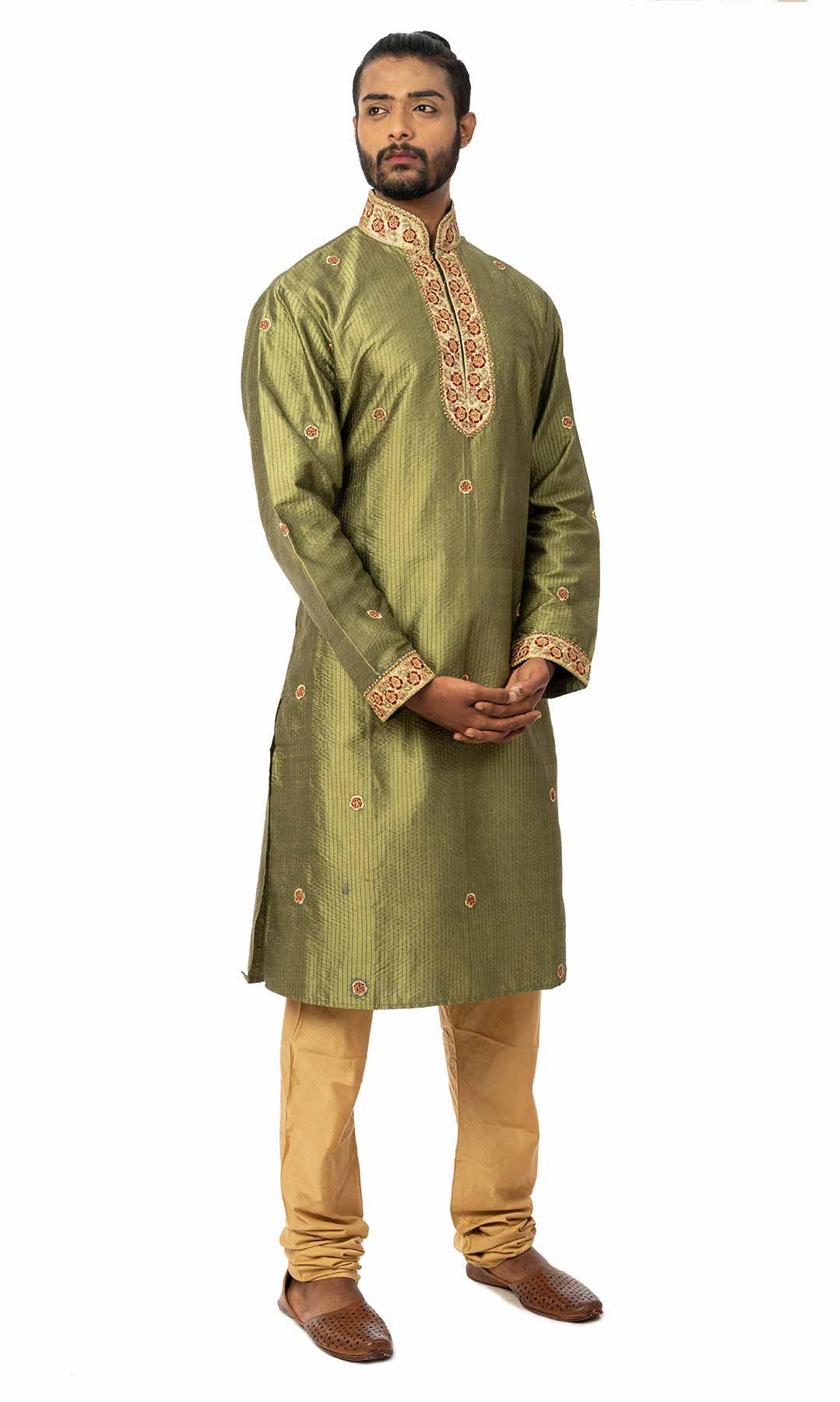 Olive Green Raw Silk Kurta Set Embroidered With Handwork - Viraaya By Ushnakmals