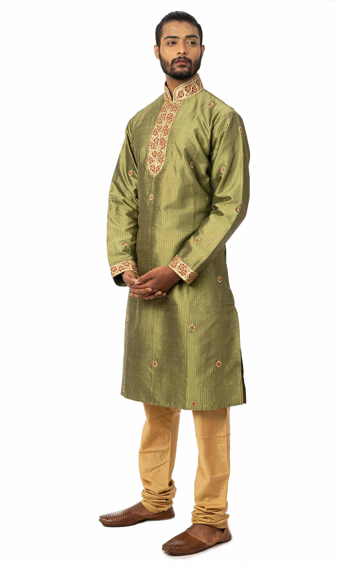 Olive Green Raw Silk Kurta Set Embroidered With Handwork - Viraaya By Ushnakmals