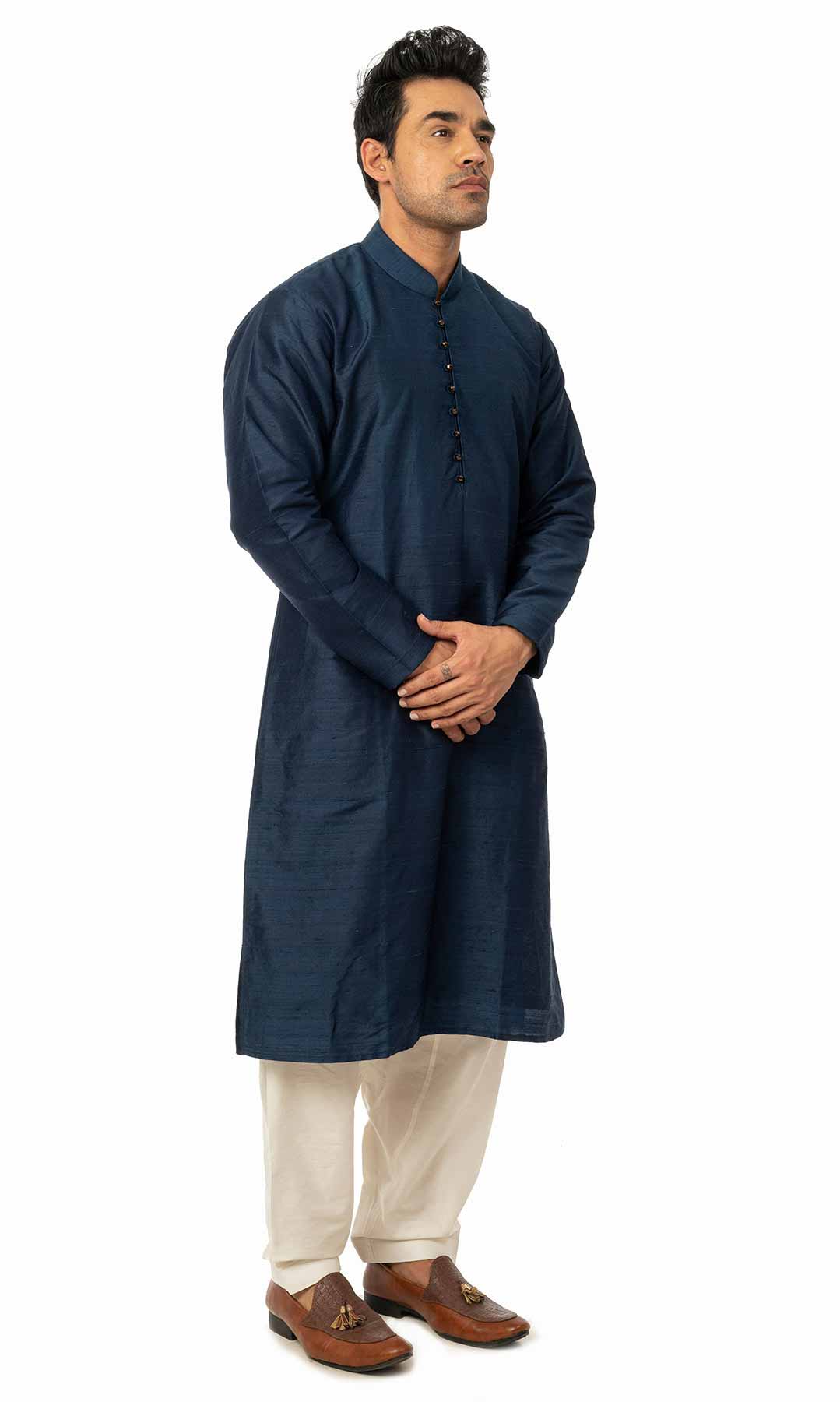 Navy Blue Raw  Silk Kurta Set - Viraaya By Ushnakmals