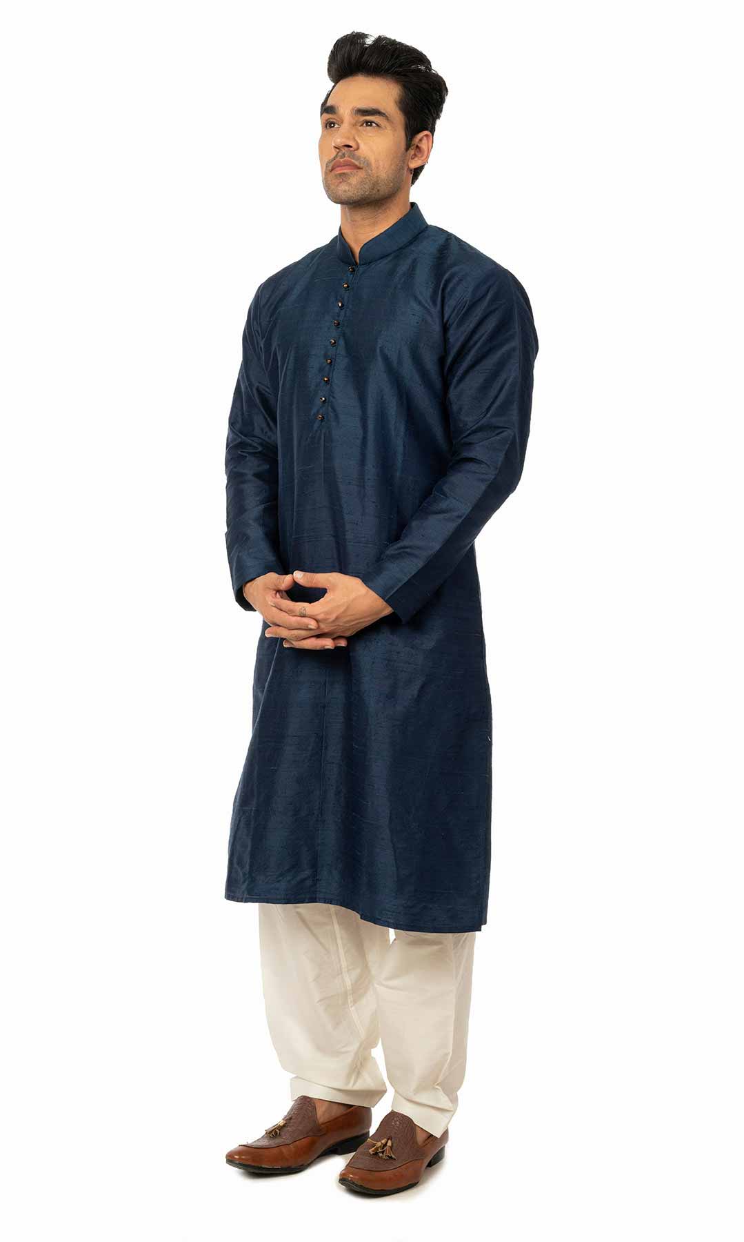 Navy Blue Raw  Silk Kurta Set - Viraaya By Ushnakmals