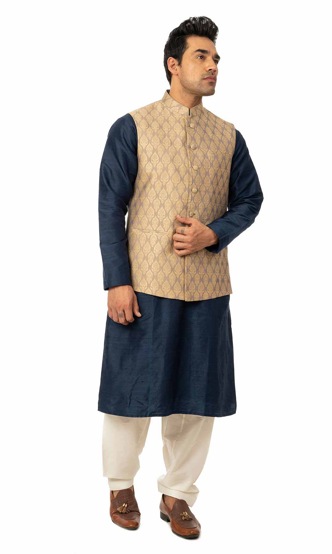 Navy Blue Raw  Silk Kurta Set With Banarasi Jacquard Jacket - Viraaya By Ushnakmals