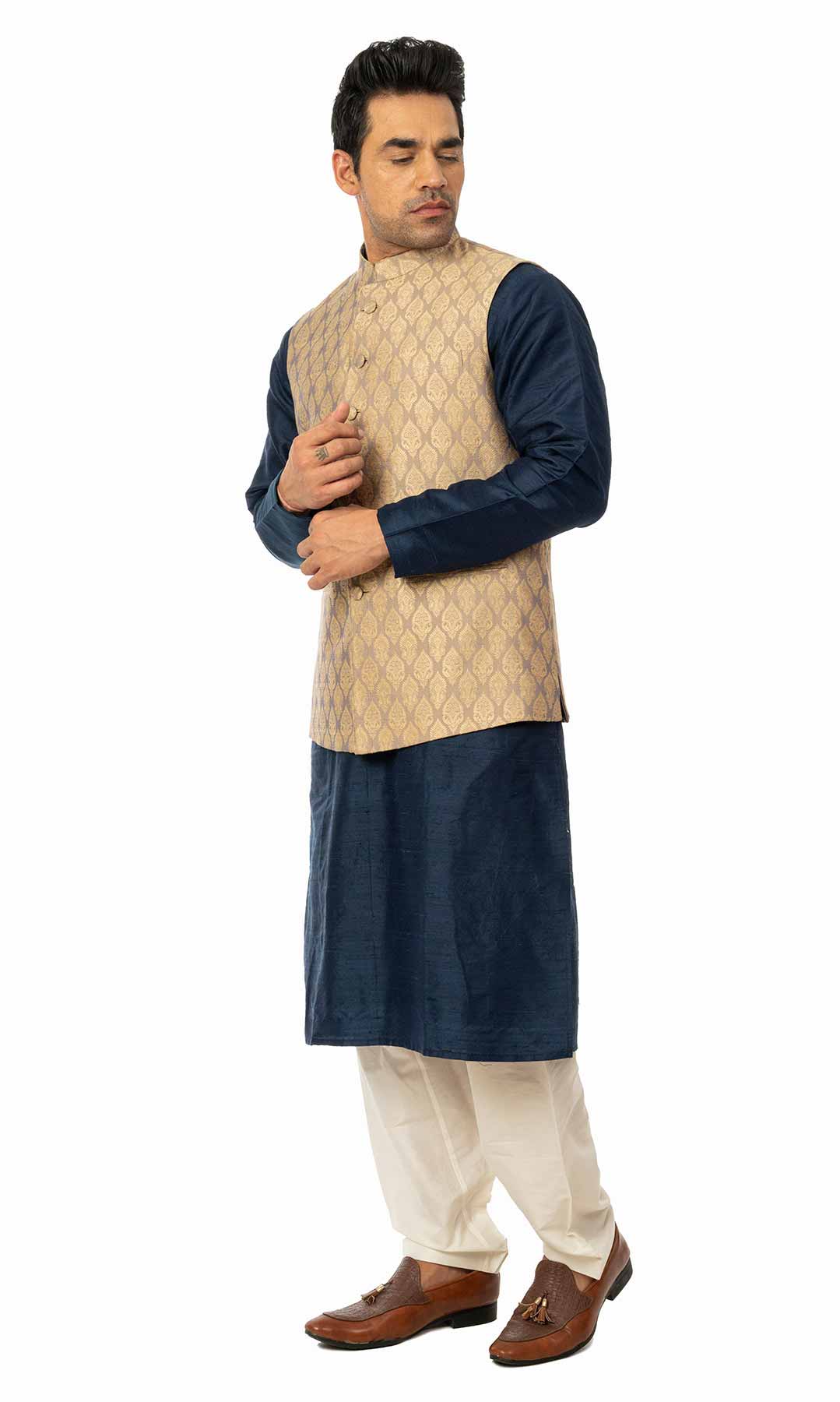 Navy Blue Raw  Silk Kurta Set With Banarasi Jacquard Jacket - Viraaya By Ushnakmals