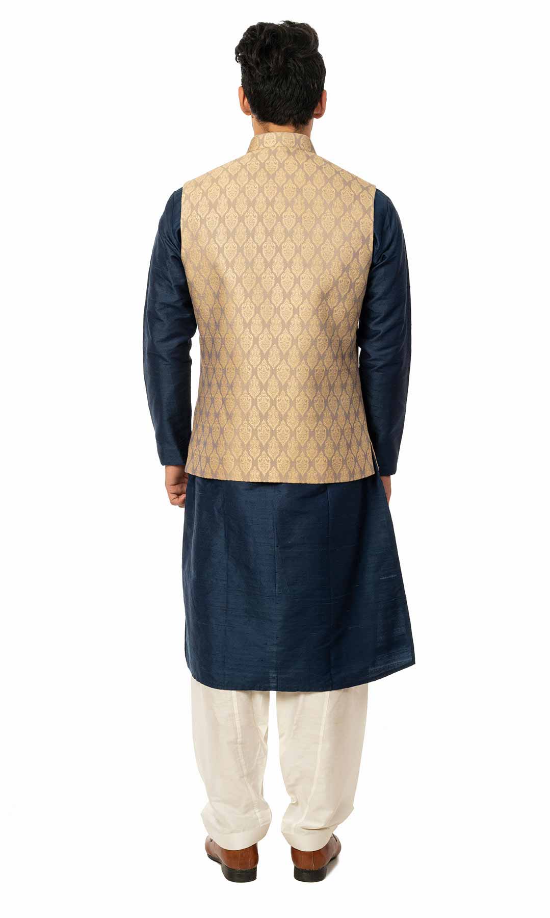 Navy Blue Raw  Silk Kurta Set With Banarasi Jacquard Jacket - Viraaya By Ushnakmals