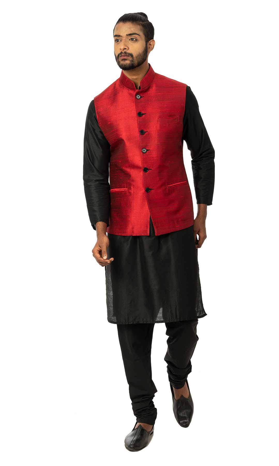 Black Raw  Silk Kurta Set With Jacket - Viraaya By Ushnakmals