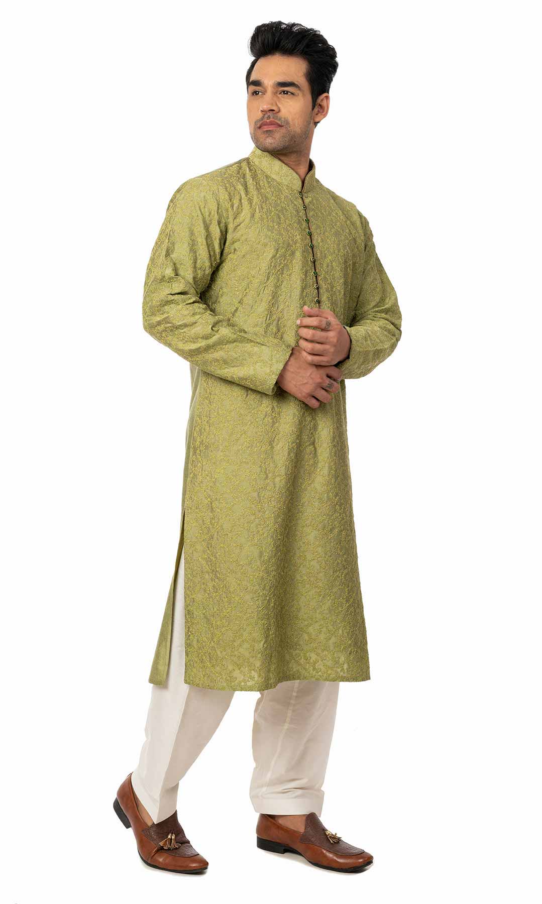 Olive Green Raw Silk Kurta With Dori Work - Viraaya By Ushnakmals