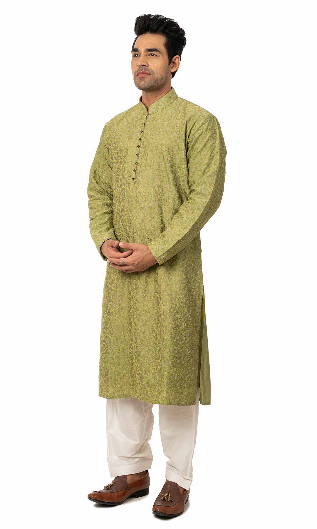 Olive Green Raw Silk Kurta With Dori Work - Viraaya By Ushnakmals