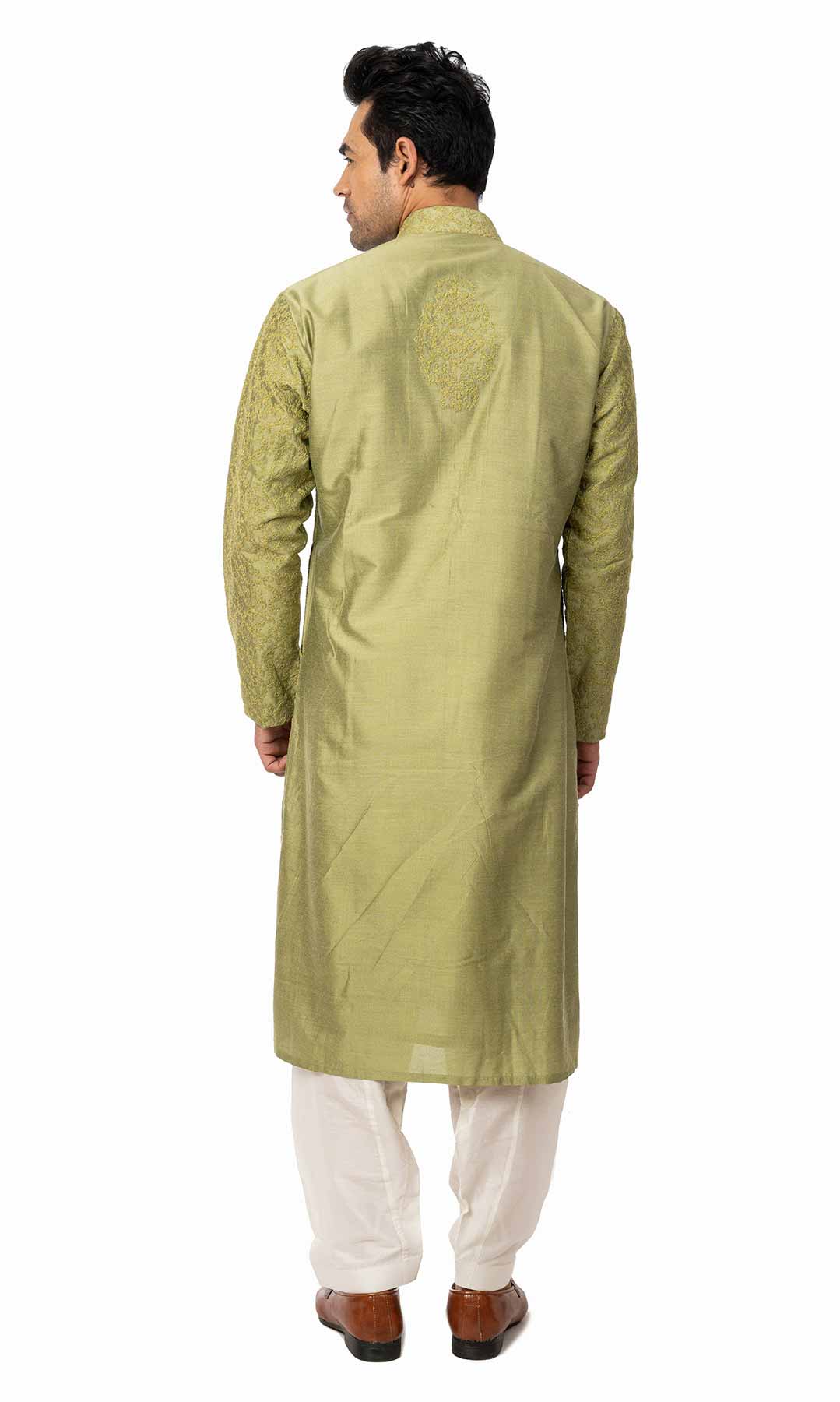 Olive Green Raw Silk Kurta With Dori Work - Viraaya By Ushnakmals