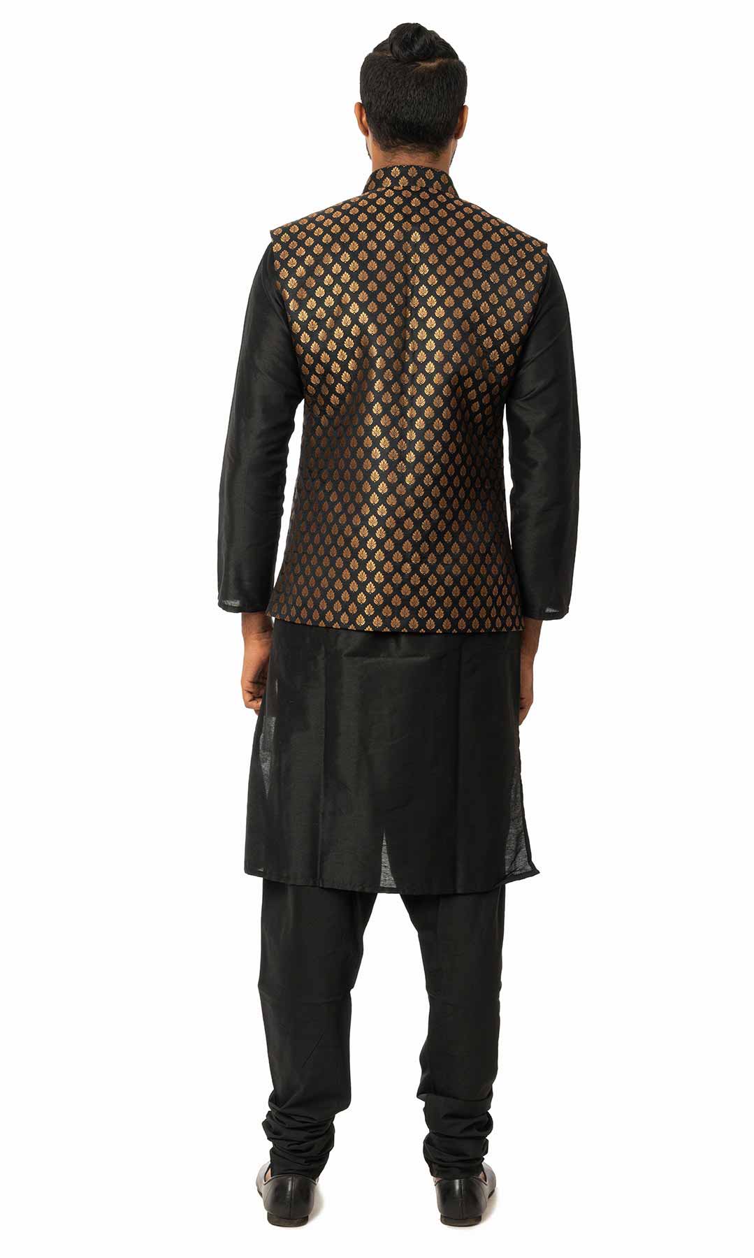 Black Raw  Silk Kurta Set With Banarasi Brocade Nehru Jacket - Viraaya By Ushnakmals