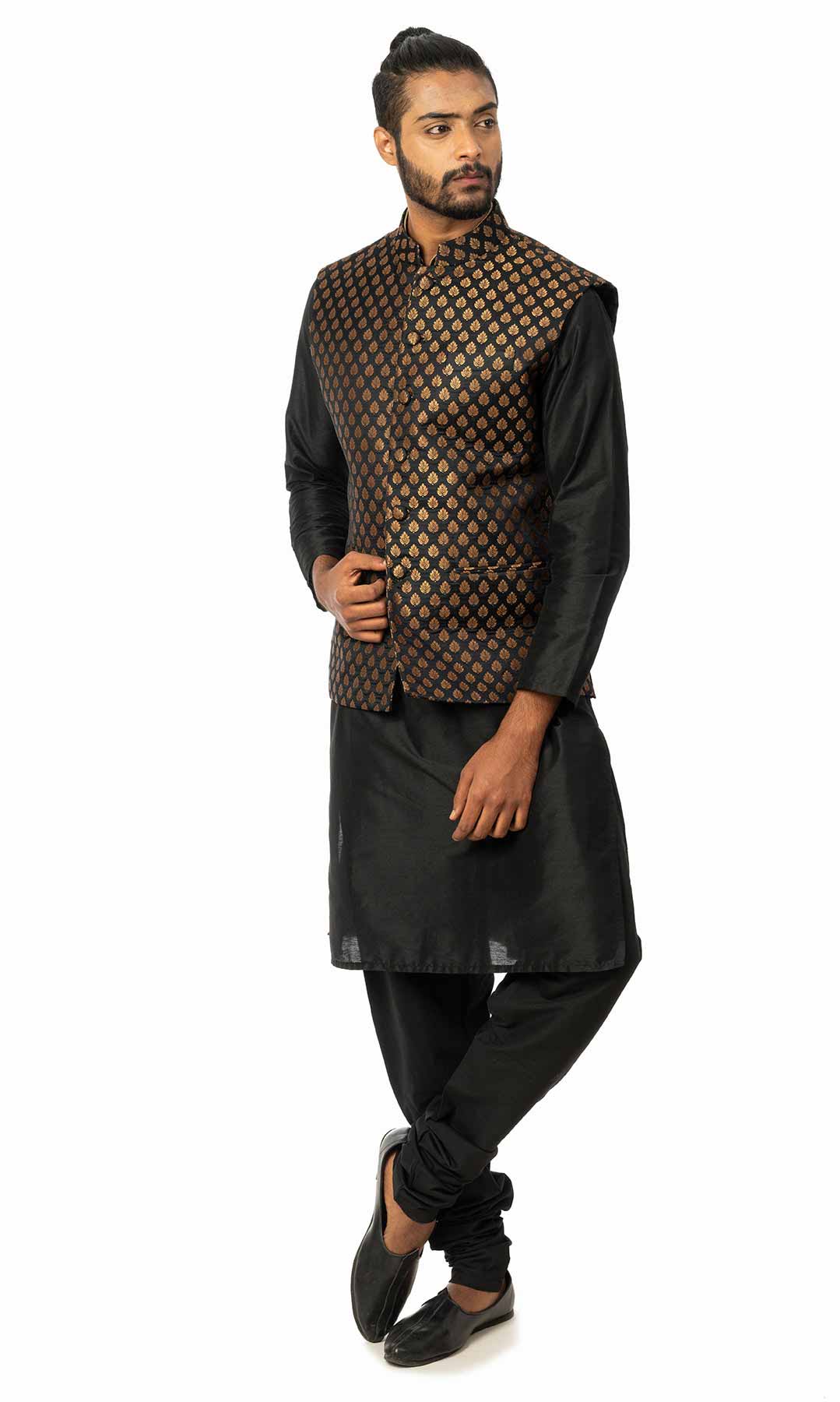 Black Raw  Silk Kurta Set With Banarasi Brocade Nehru Jacket - Viraaya By Ushnakmals