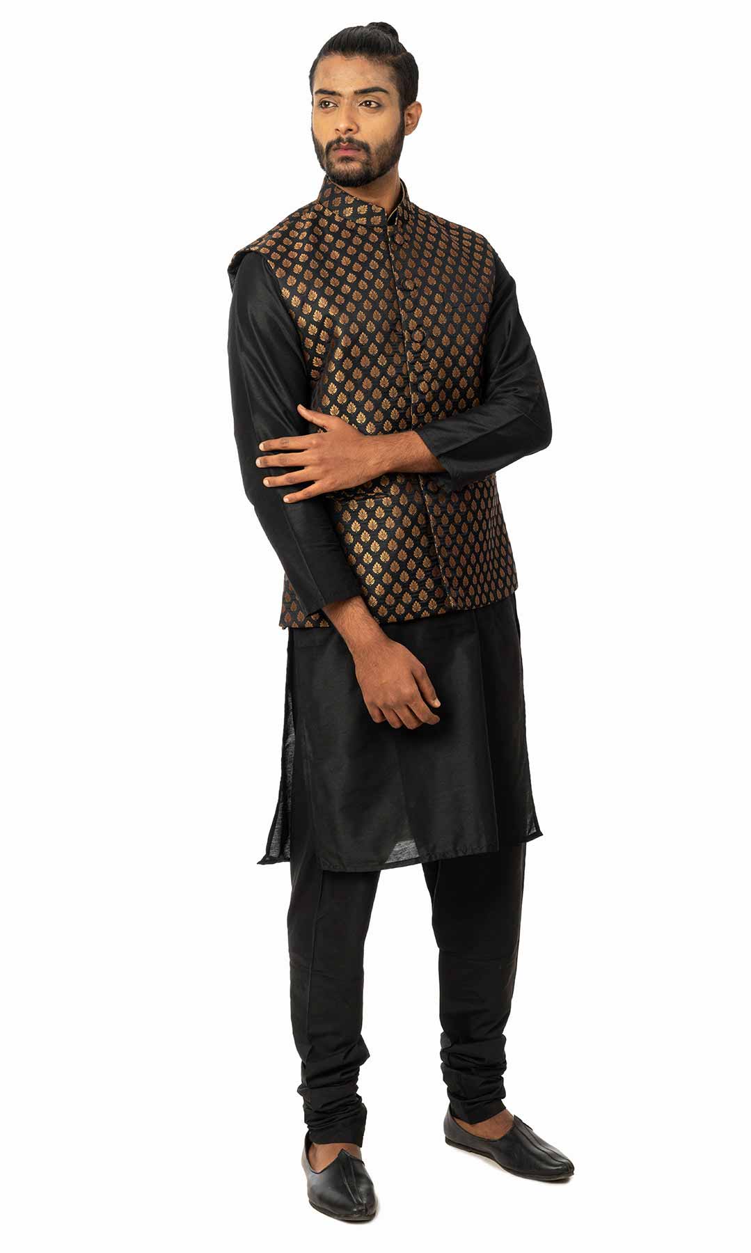 Black Raw  Silk Kurta Set With Banarasi Brocade Nehru Jacket - Viraaya By Ushnakmals