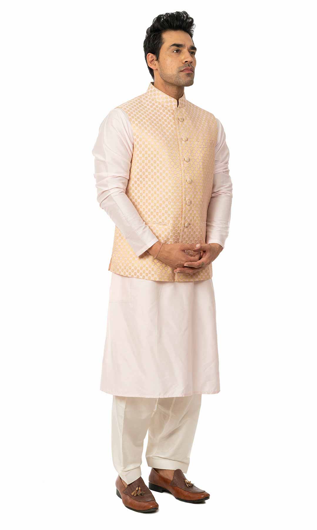 Powder Pink Cotton Silk Kurta Set With Peach Nehru Jacket - Viraaya By Ushnakmals