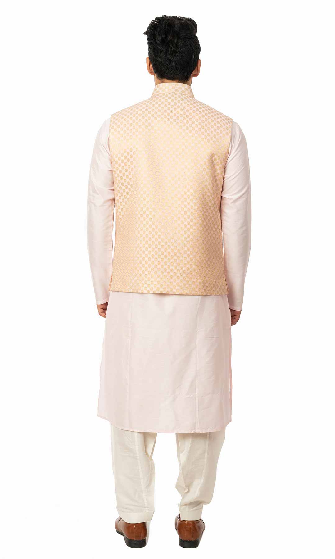 Powder Pink Cotton Silk Kurta Set With Peach Nehru Jacket - Viraaya By Ushnakmals