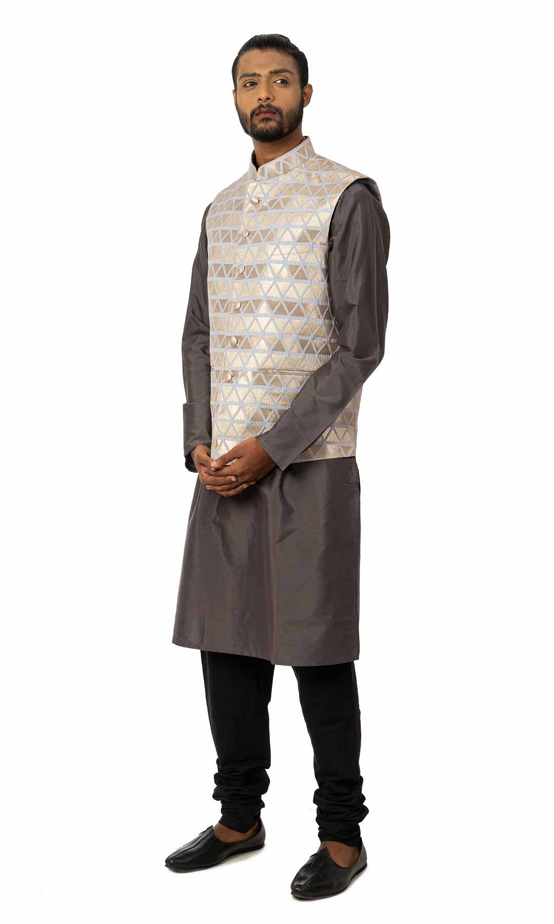 Dark Grey Raw Silk Kurta Set With Sky Blue Banarasi Brocade Nehru Jacket - Viraaya By Ushnakmals