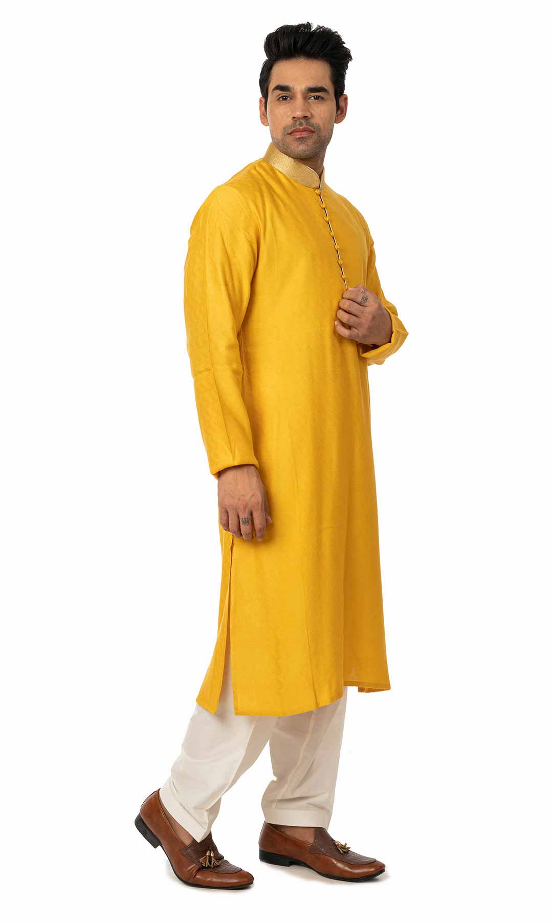 Mustard Banarasi Jacquard Kurta Set - Viraaya By Ushnakmals