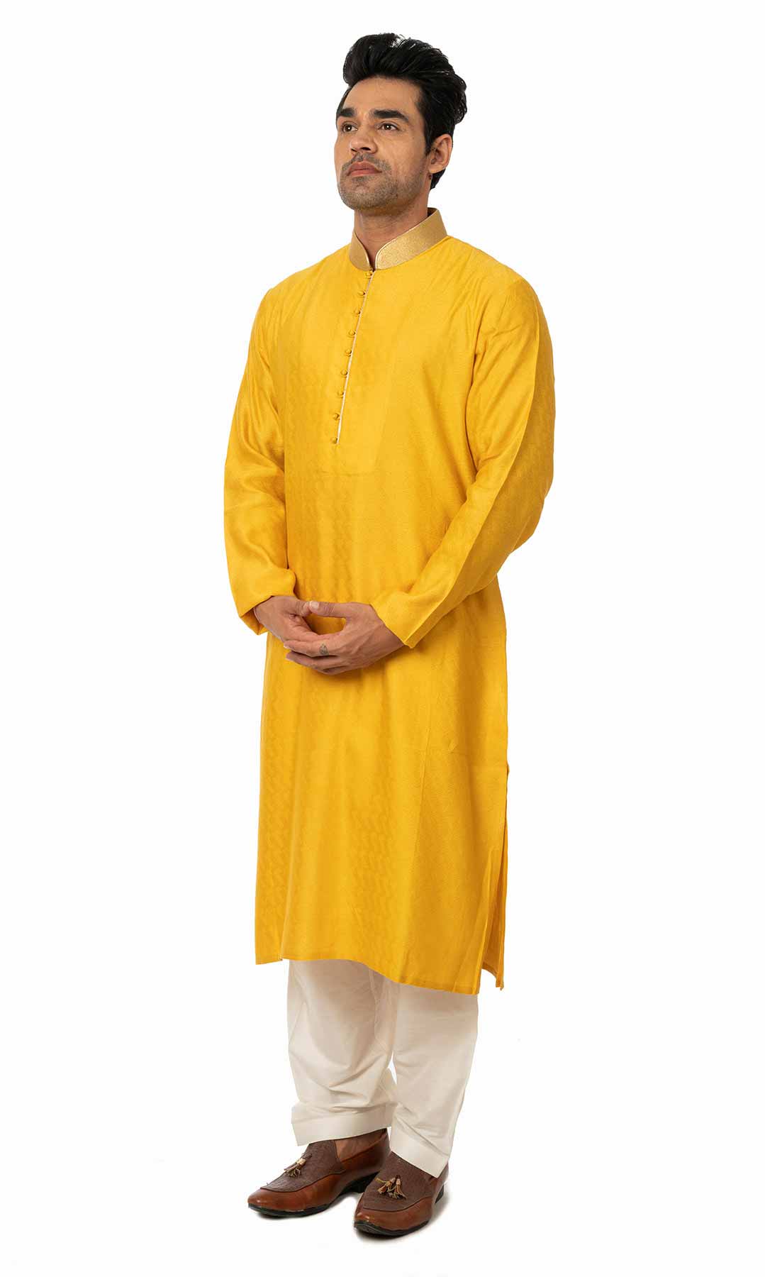 Mustard Banarasi Jacquard Kurta Set - Viraaya By Ushnakmals