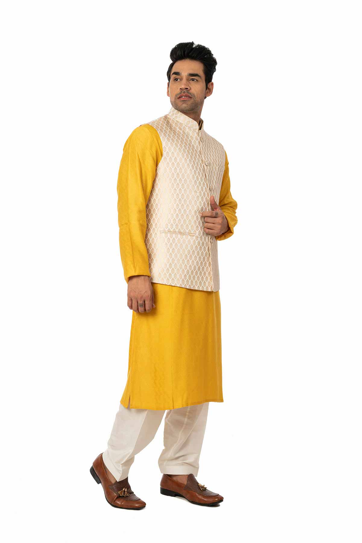Mustard Banarasi Jacquard Kurta Set With Ivory Banarasi Brocade Nehru Jacket - Viraaya By Ushnakmals