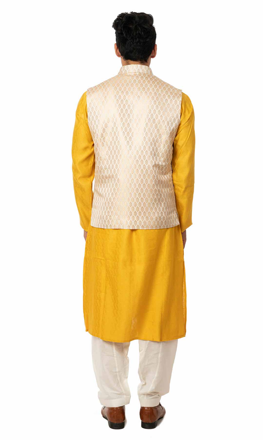 Mustard Banarasi Jacquard Kurta Set With Ivory Banarasi Brocade Nehru Jacket - Viraaya By Ushnakmals