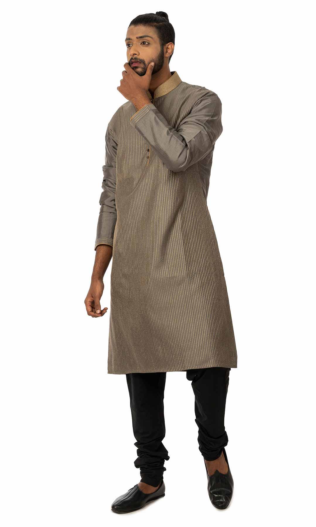 Dark Grey Raw Silk Kurta Set - Viraaya By Ushnakmals