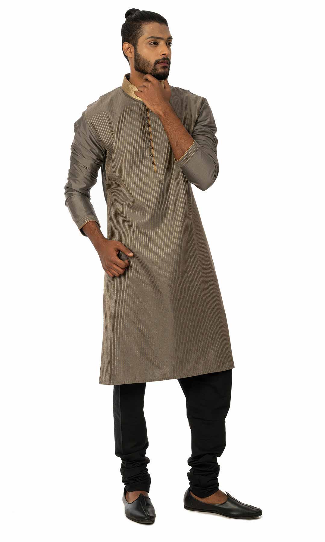 Dark Grey Raw Silk Kurta Set - Viraaya By Ushnakmals