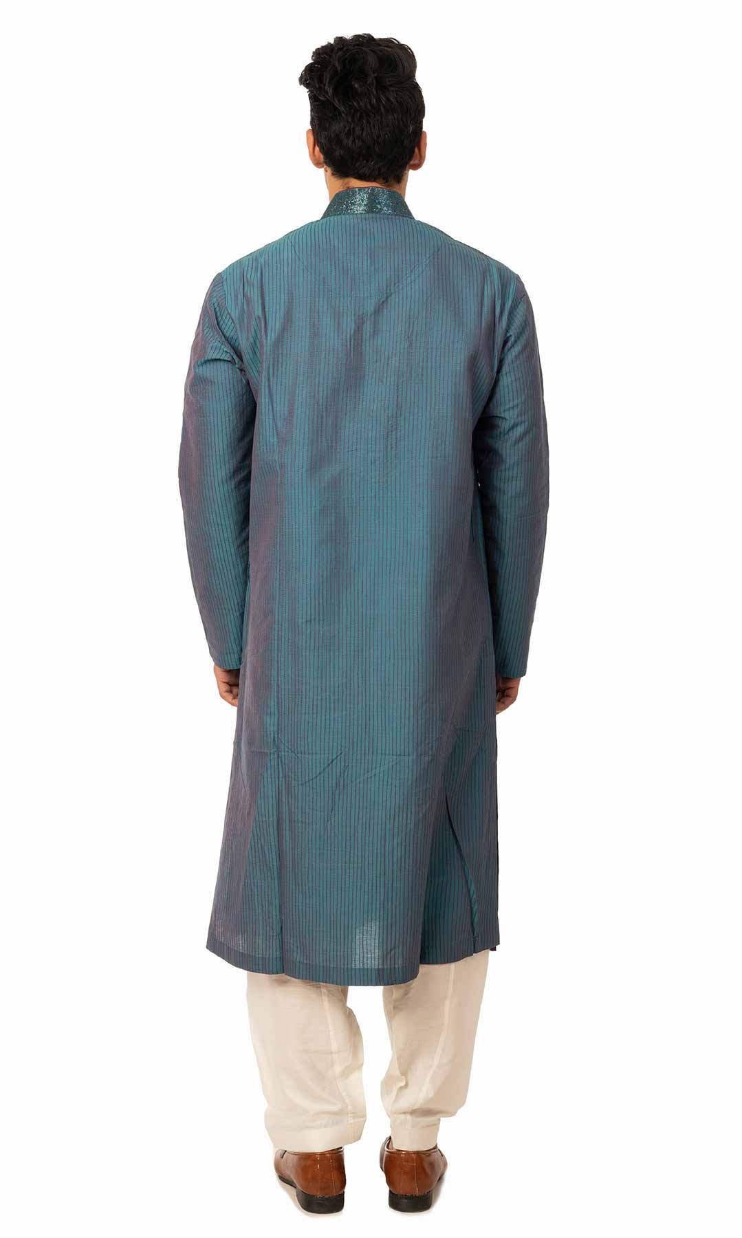 Turquoise Cotton Silk Kurta Set With Tagai Work - Viraaya By Ushnakmals