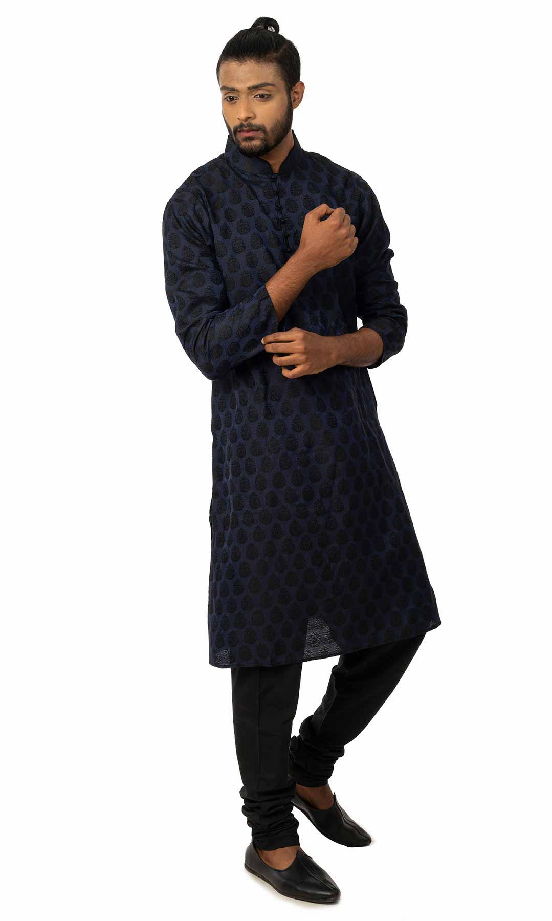 Navy Blue Jacquard Kurta Set  – Viraaya By Ushnakmals