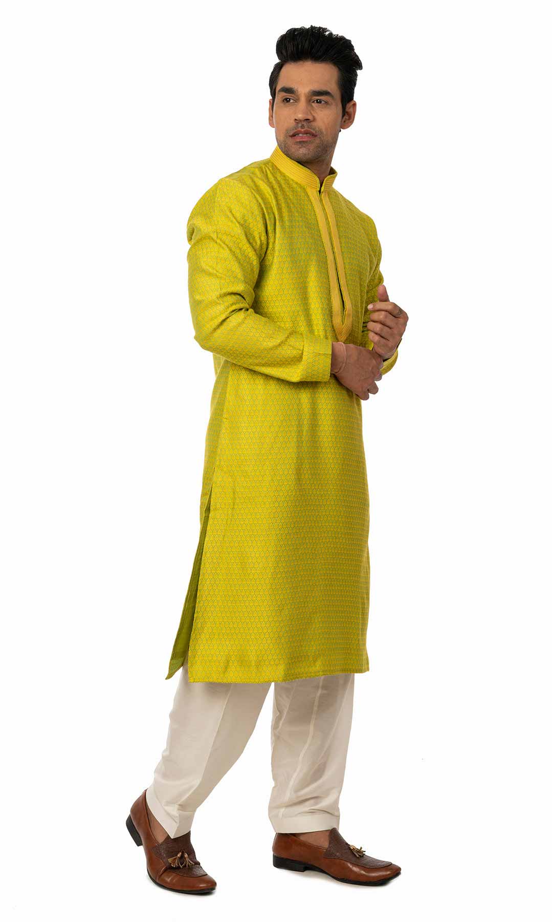 Yellowish Green Jacquard Kurta Set  – Viraaya By Ushnakmals