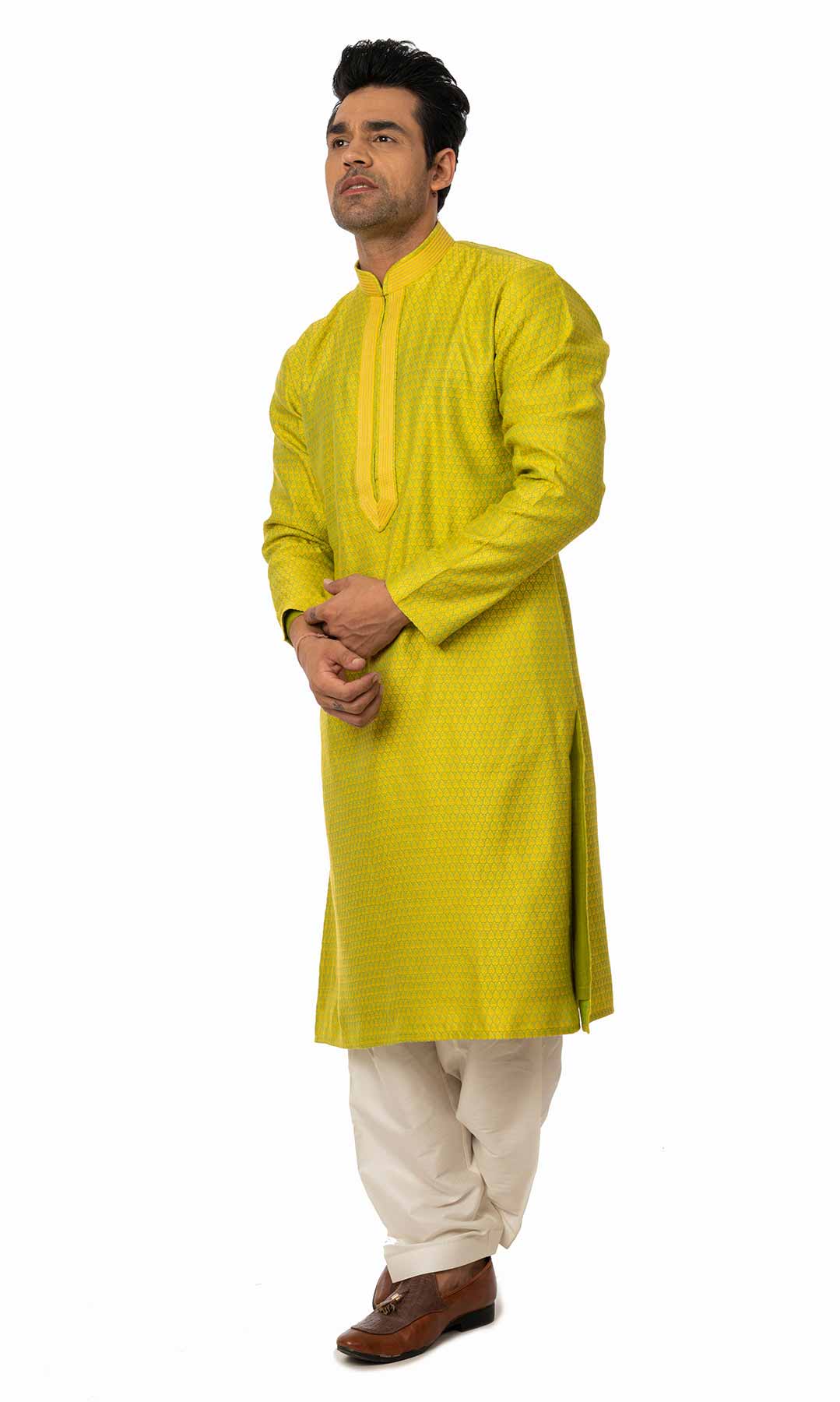 Yellowish Green Jacquard Kurta Set  – Viraaya By Ushnakmals