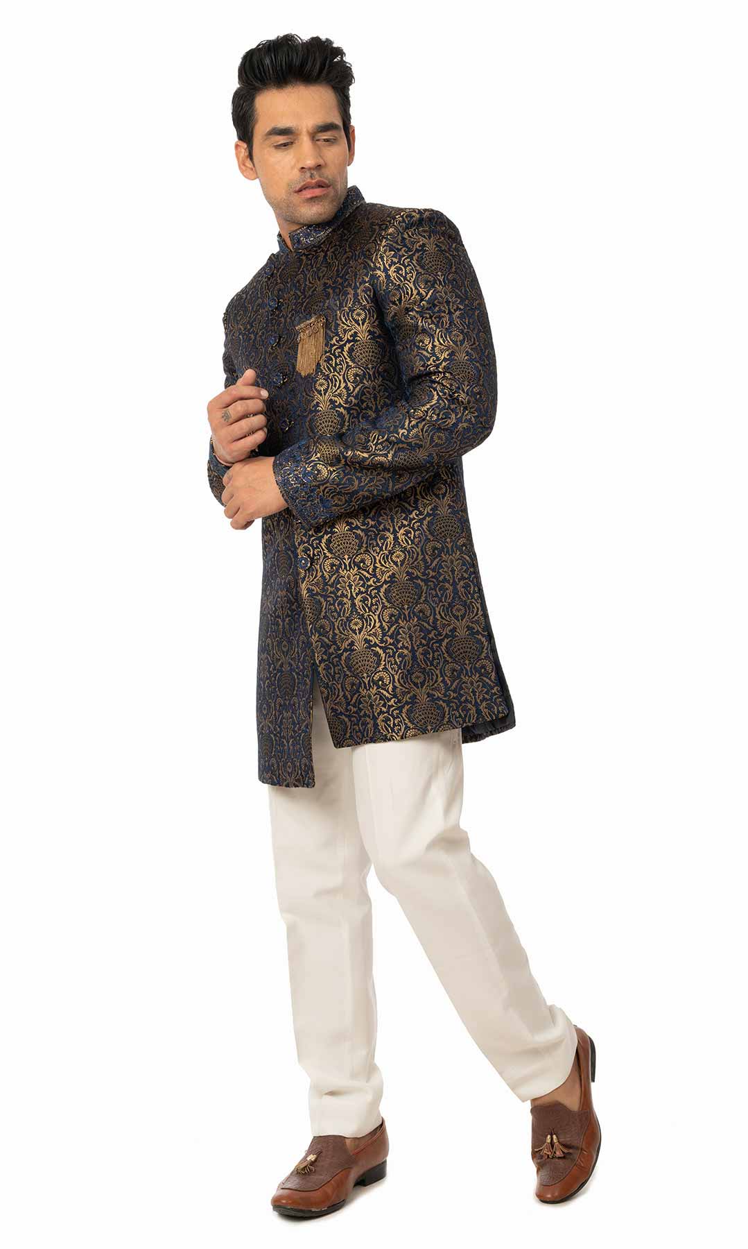 Navy Blue Pure Jacquard Indo Western Set  – Viraaya By Ushnakmals