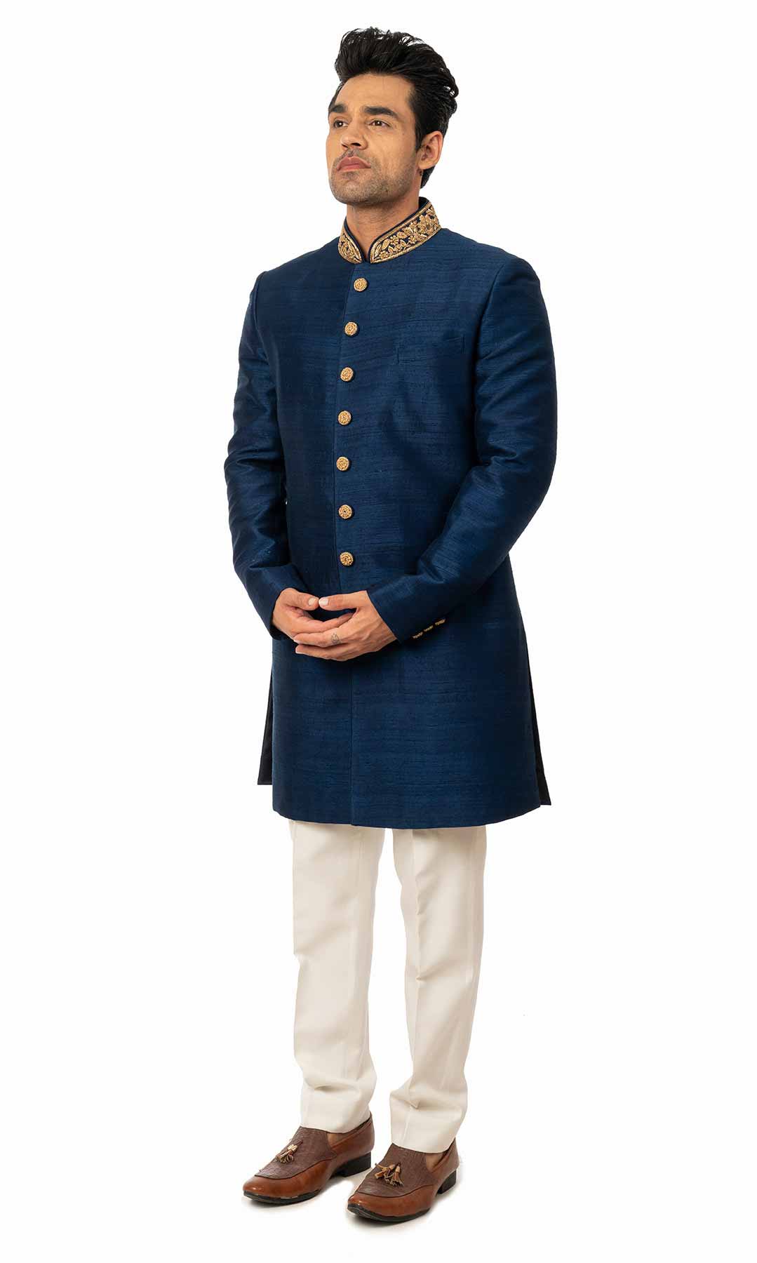 Royal Blue Raw Silk Indo Western Set With Zari Work  – Viraaya By Ushnakmals
