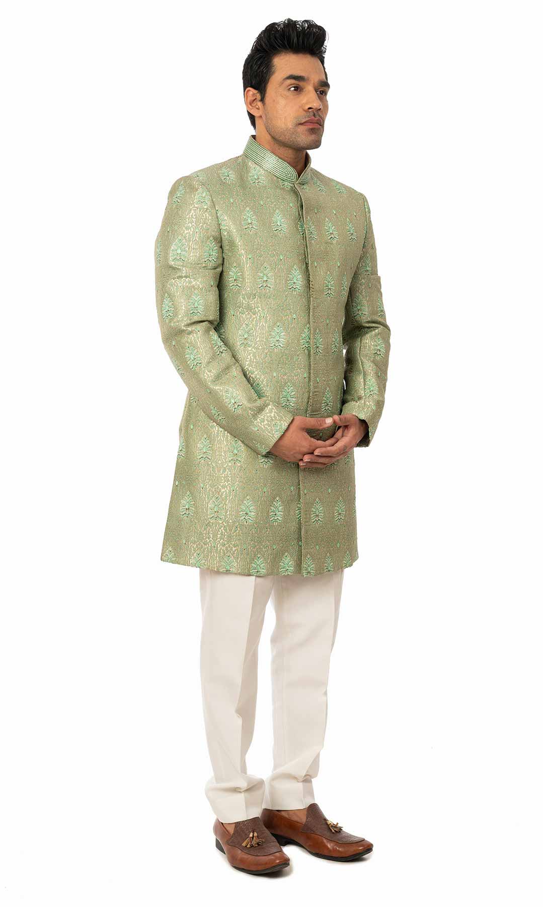 Opaline Green Banarasi Brocade Indo-Western Set  – Viraaya By Ushnakmals