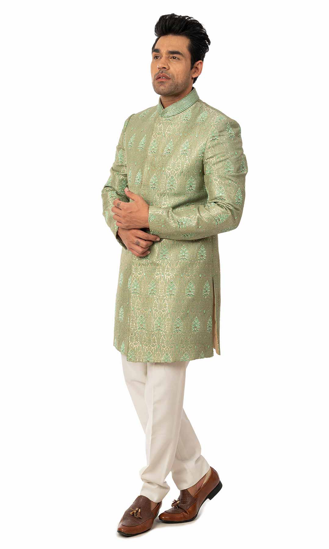 Opaline Green Banarasi Brocade Indo-Western Set  – Viraaya By Ushnakmals