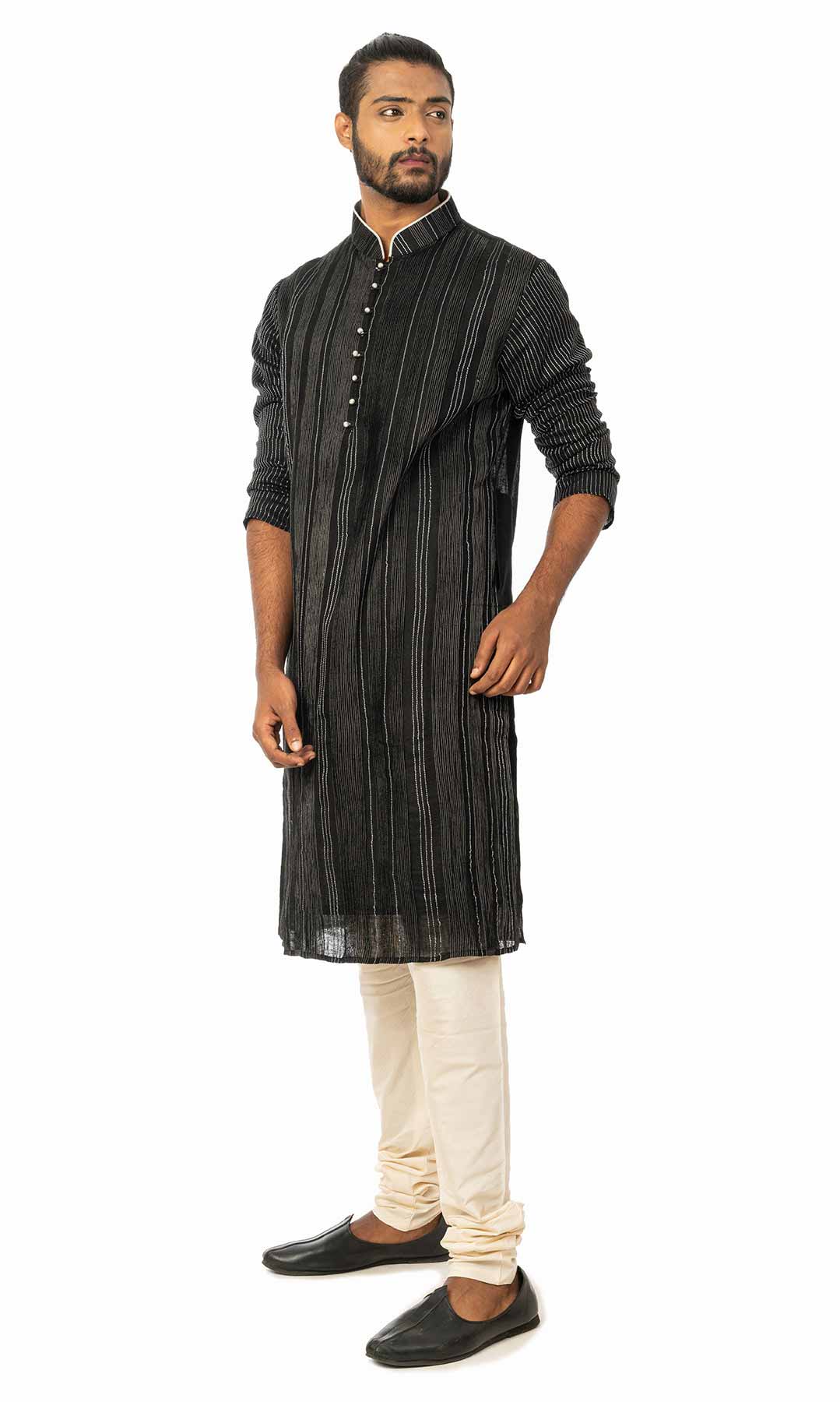 Black Cotton Silk Kurta With Tagai Work – Viraaya By Ushnakmals