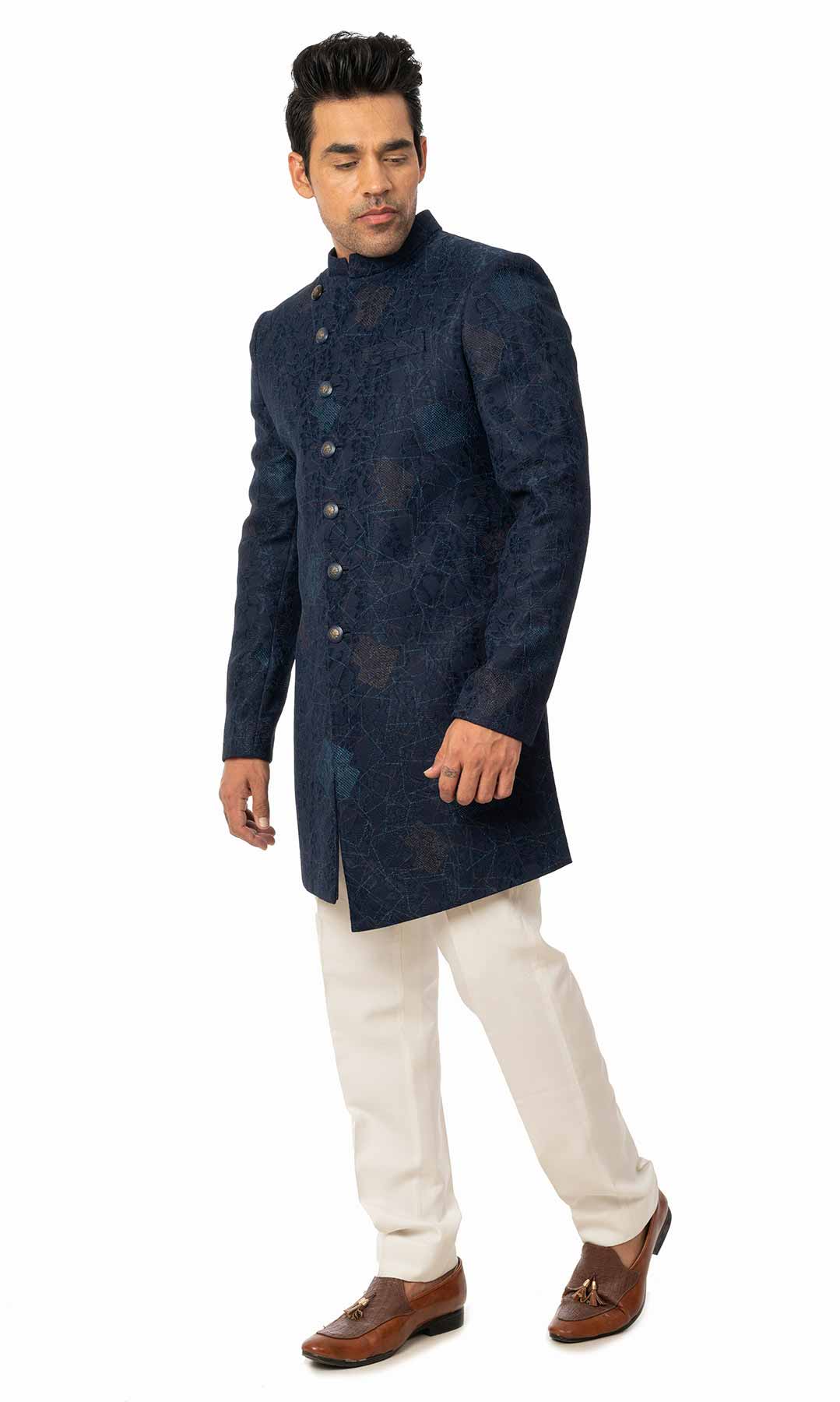 Navy Blue Indo Western On A Texture Fabric  – Viraaya By Ushnakmals