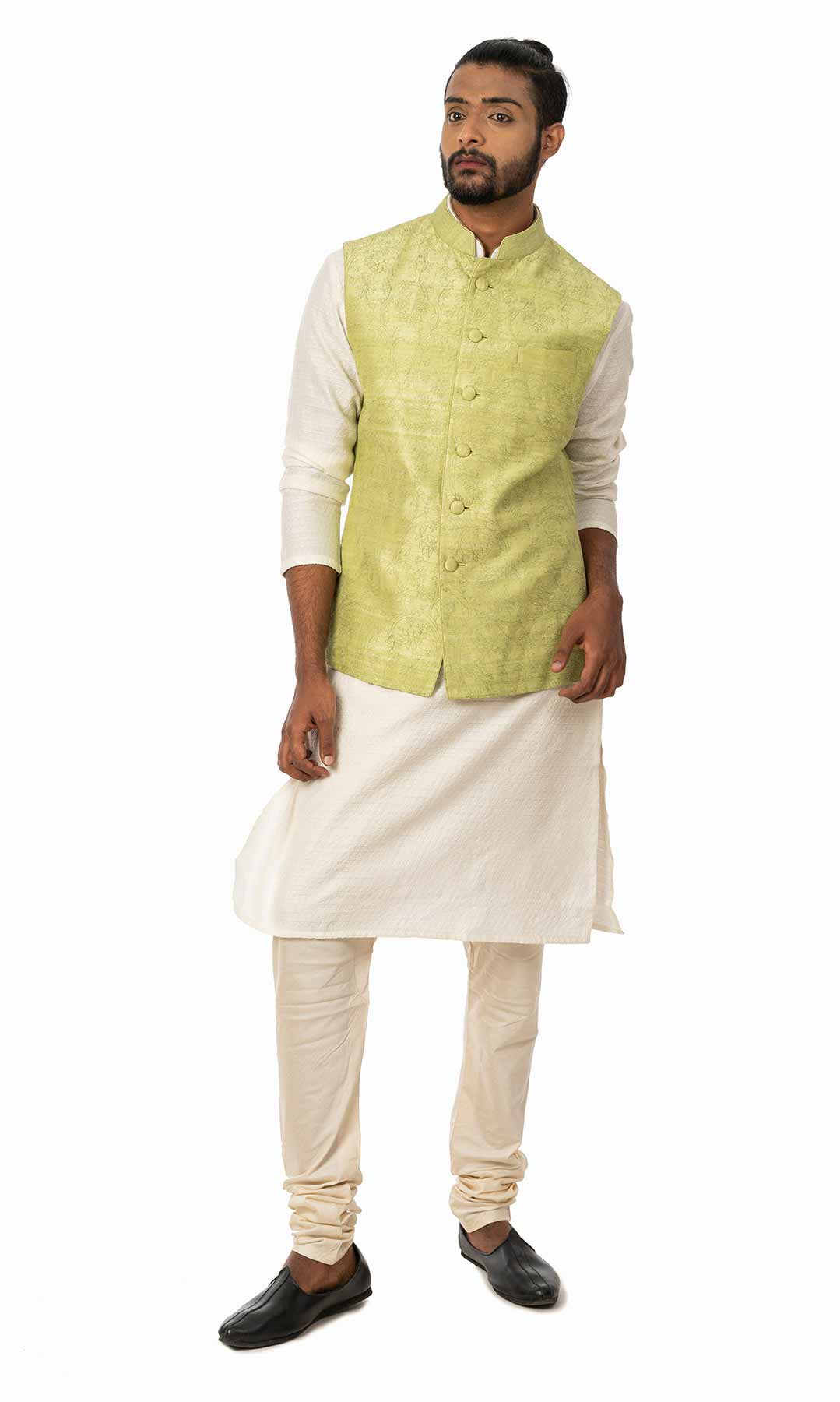White Cotton Silk Kurta Set With Pista Green Nehru Jacket – Viraaya By Ushnakmals
