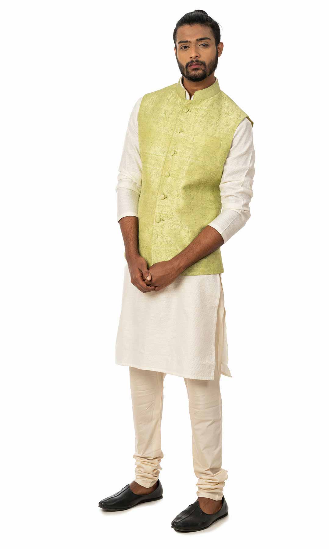 White Cotton Silk Kurta Set With Pista Green Nehru Jacket – Viraaya By Ushnakmals