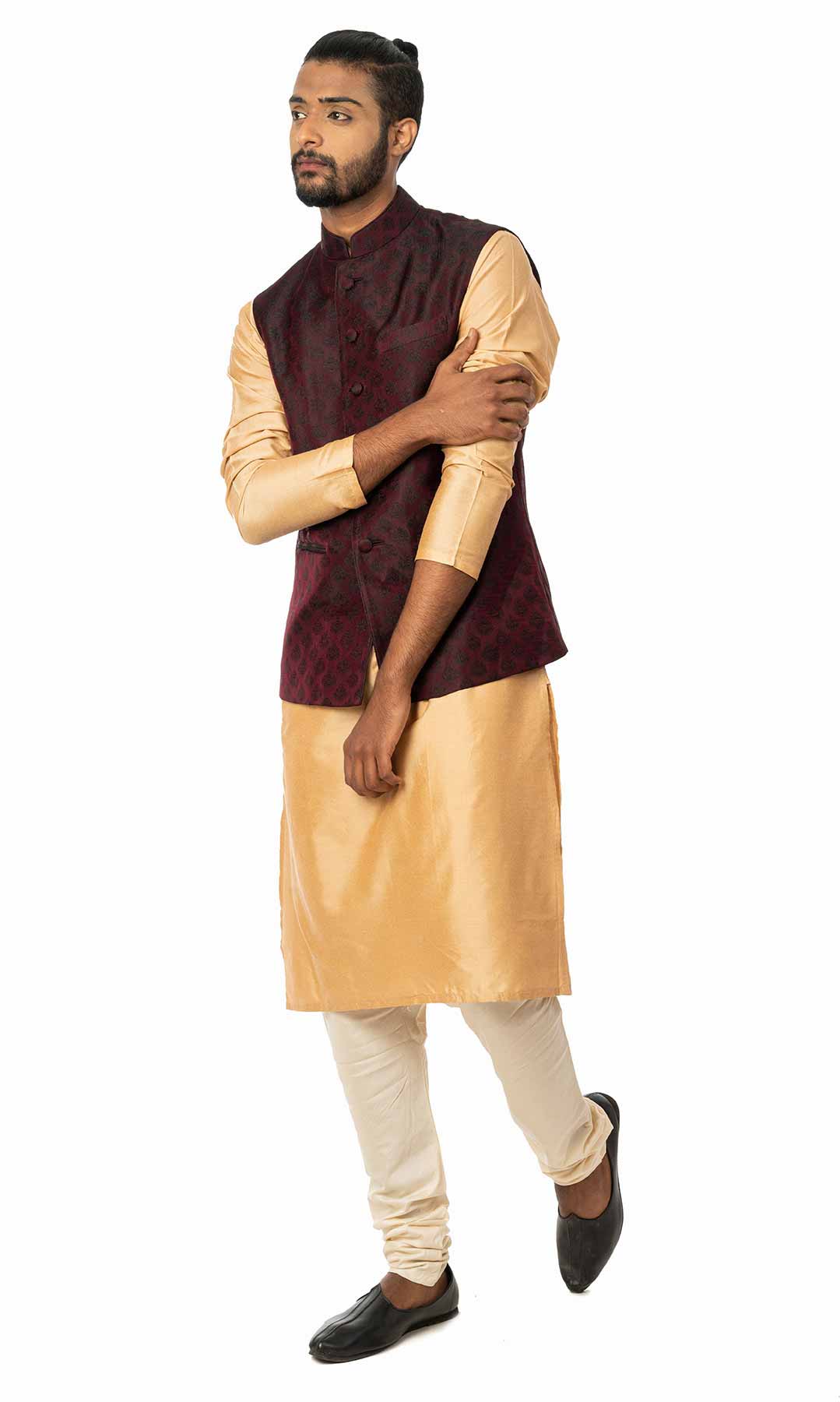 Coral Cotton Silk Kurta Set With Maroon Jacquard Nehru Jacket – Viraaya By Ushnakmals