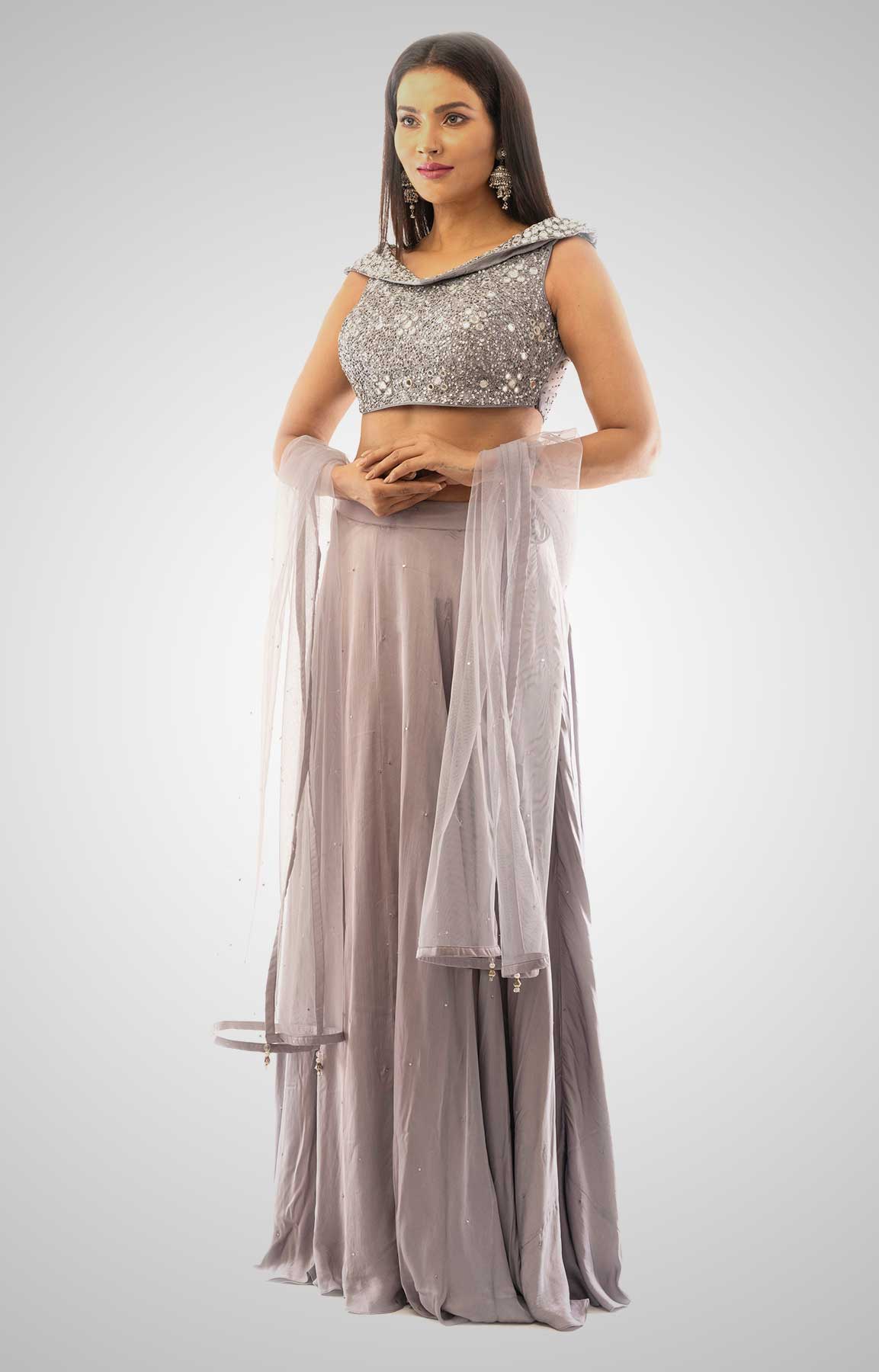 Silver Grey Satin Lehenga Adorned With Mirror Work Blouse – Viraaya By Ushnakmals