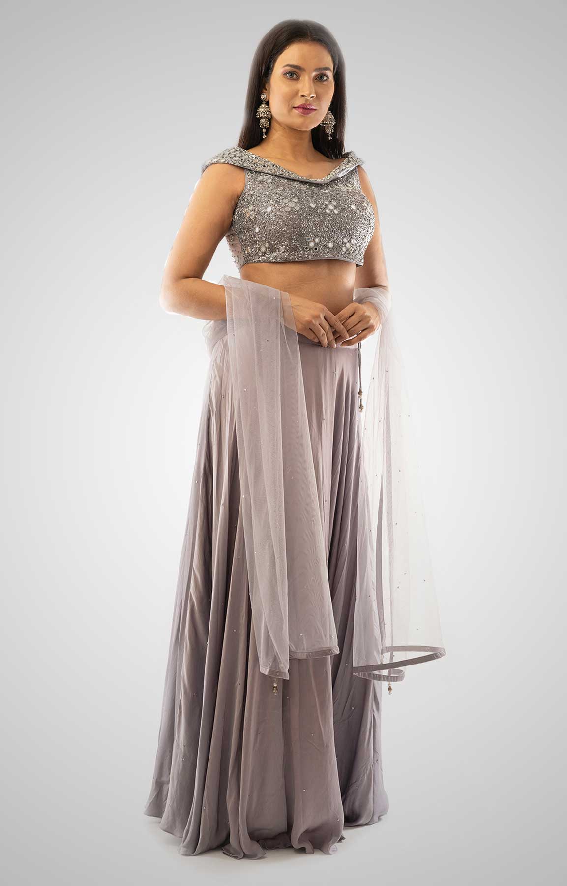 Silver Grey Satin Lehenga Adorned With Mirror Work Blouse – Viraaya By Ushnakmals