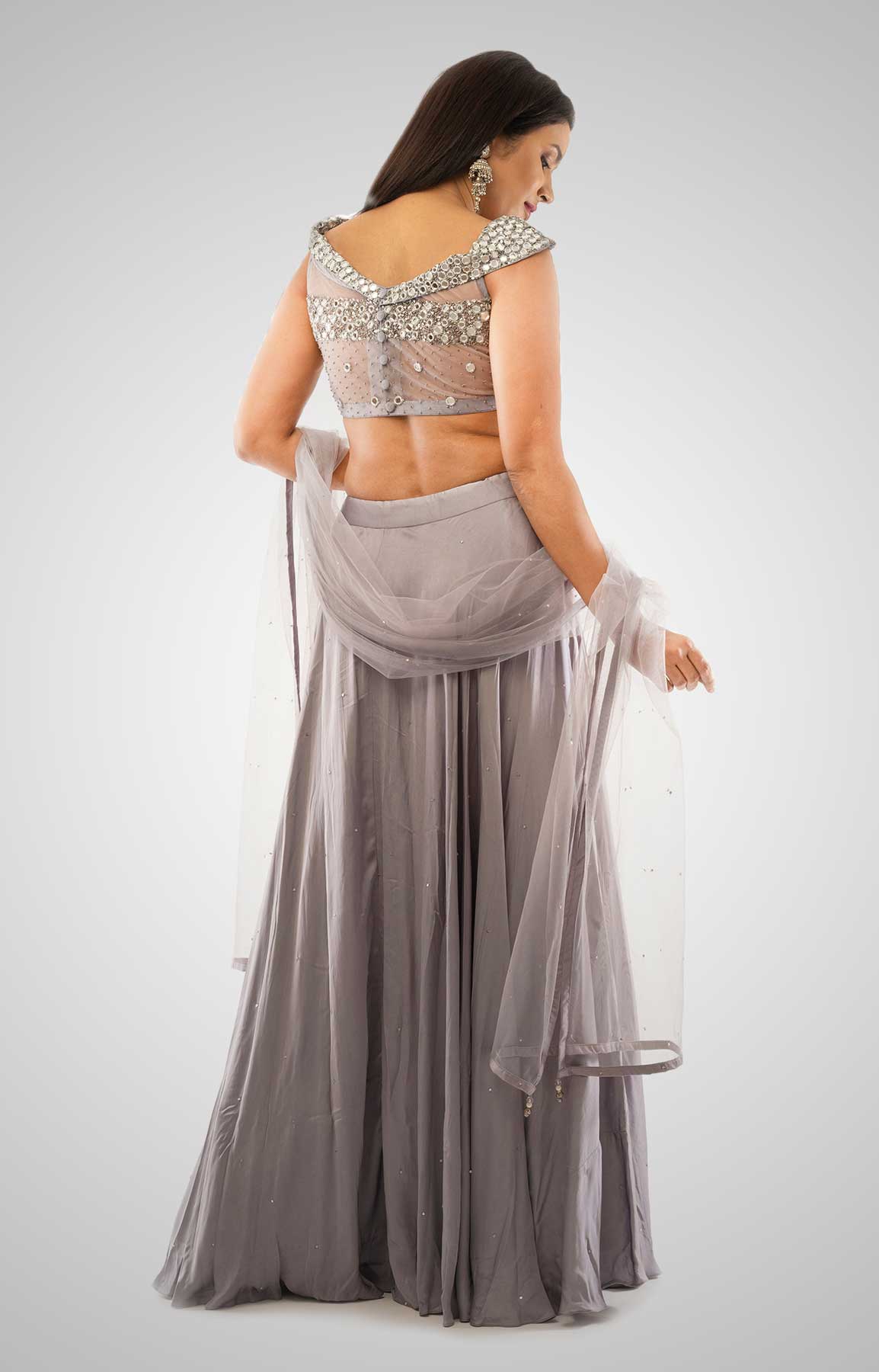 Silver Grey Satin Lehenga Adorned With Mirror Work Blouse – Viraaya By Ushnakmals