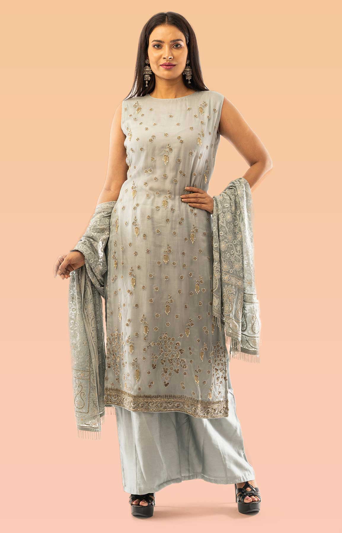 Silver Grey Organza Kurta With Chanderi Palazzo With Thread Embroidered Dupatta – Viraaya By Ushnakmals