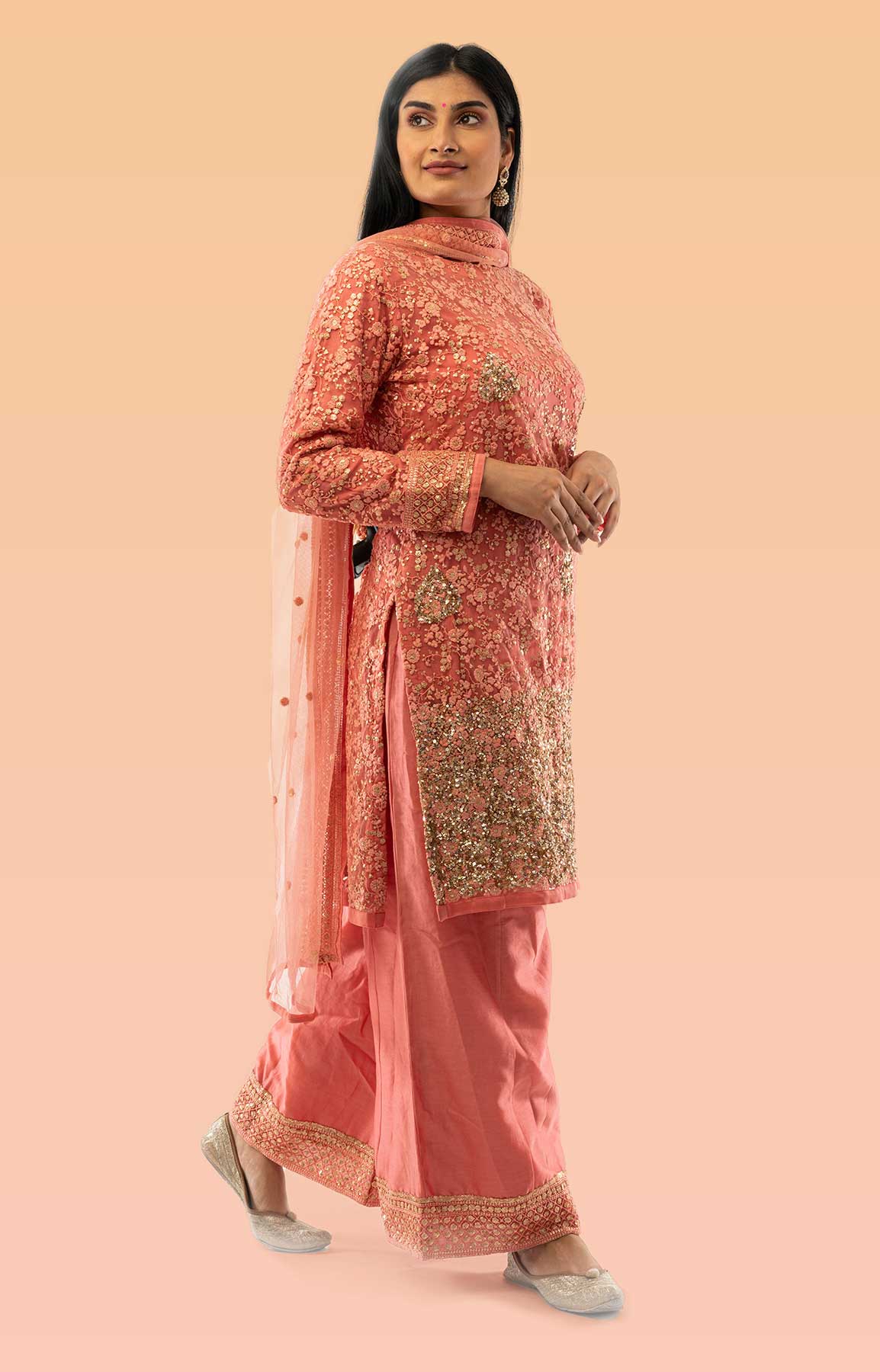 Peach Pink Palazzo Suit With Thread Work And Sequins – Viraaya By Ushnakmals