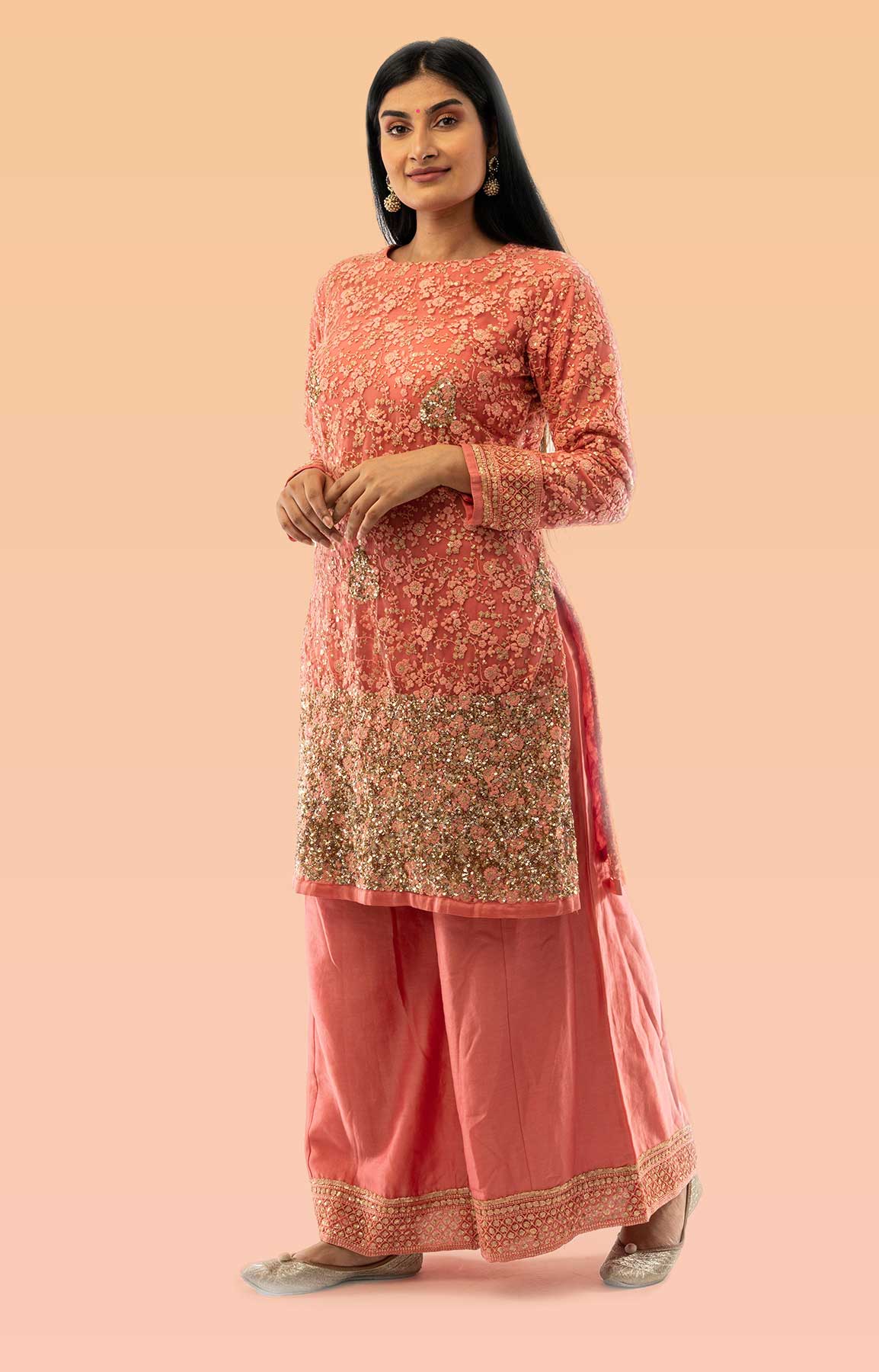 Peach Pink Palazzo Suit With Thread Work And Sequins – Viraaya By Ushnakmals