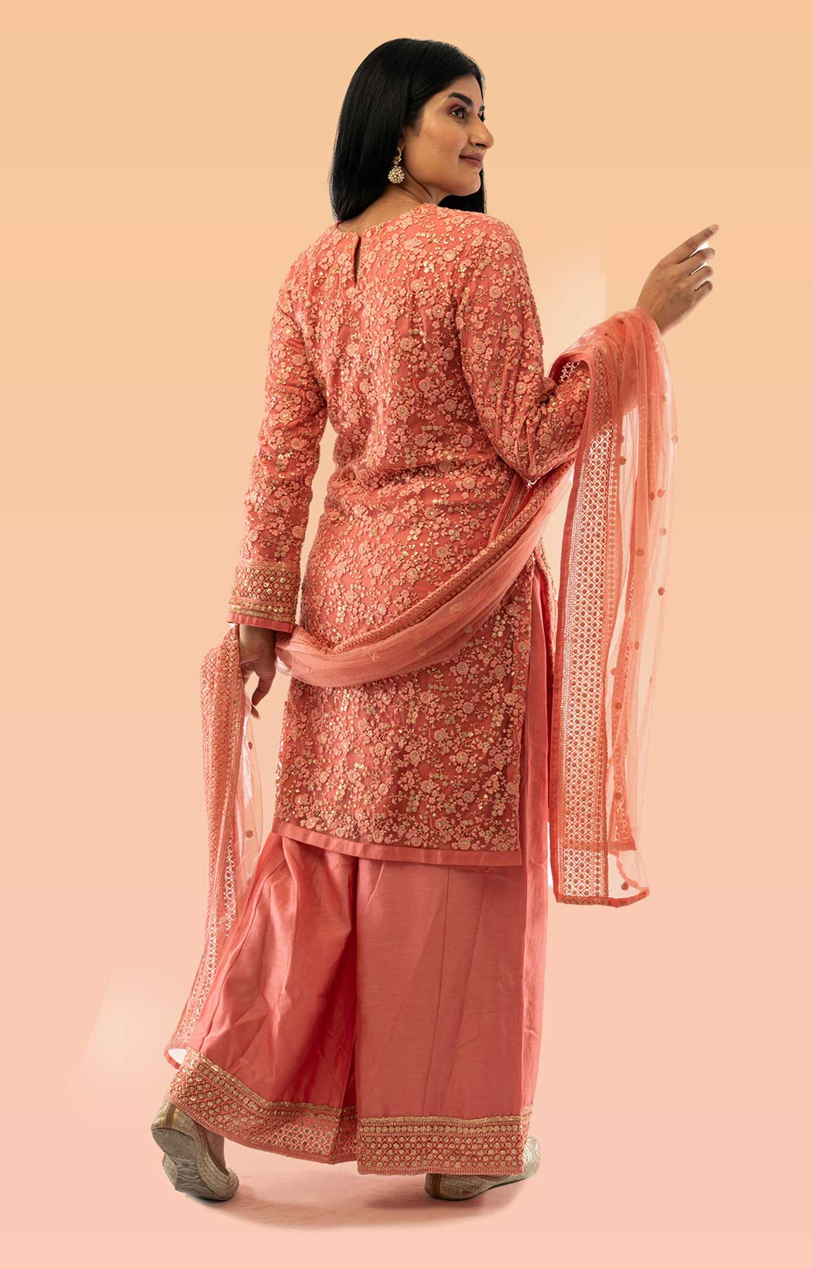 Peach Pink Palazzo Suit With Thread Work And Sequins – Viraaya By Ushnakmals