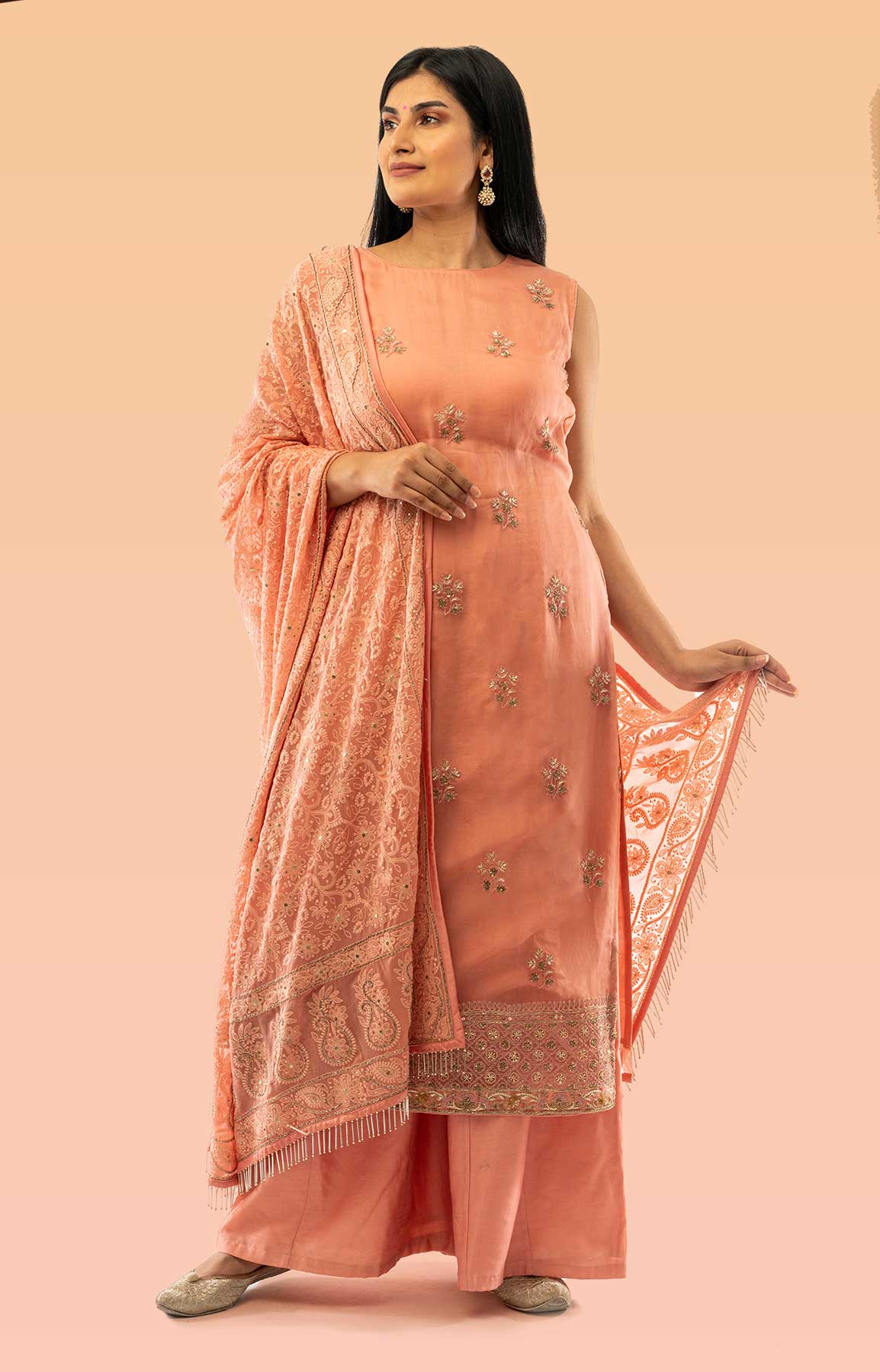 Coral Organza Suit With Chikan Duppatta – Viraaya By Ushnakmals