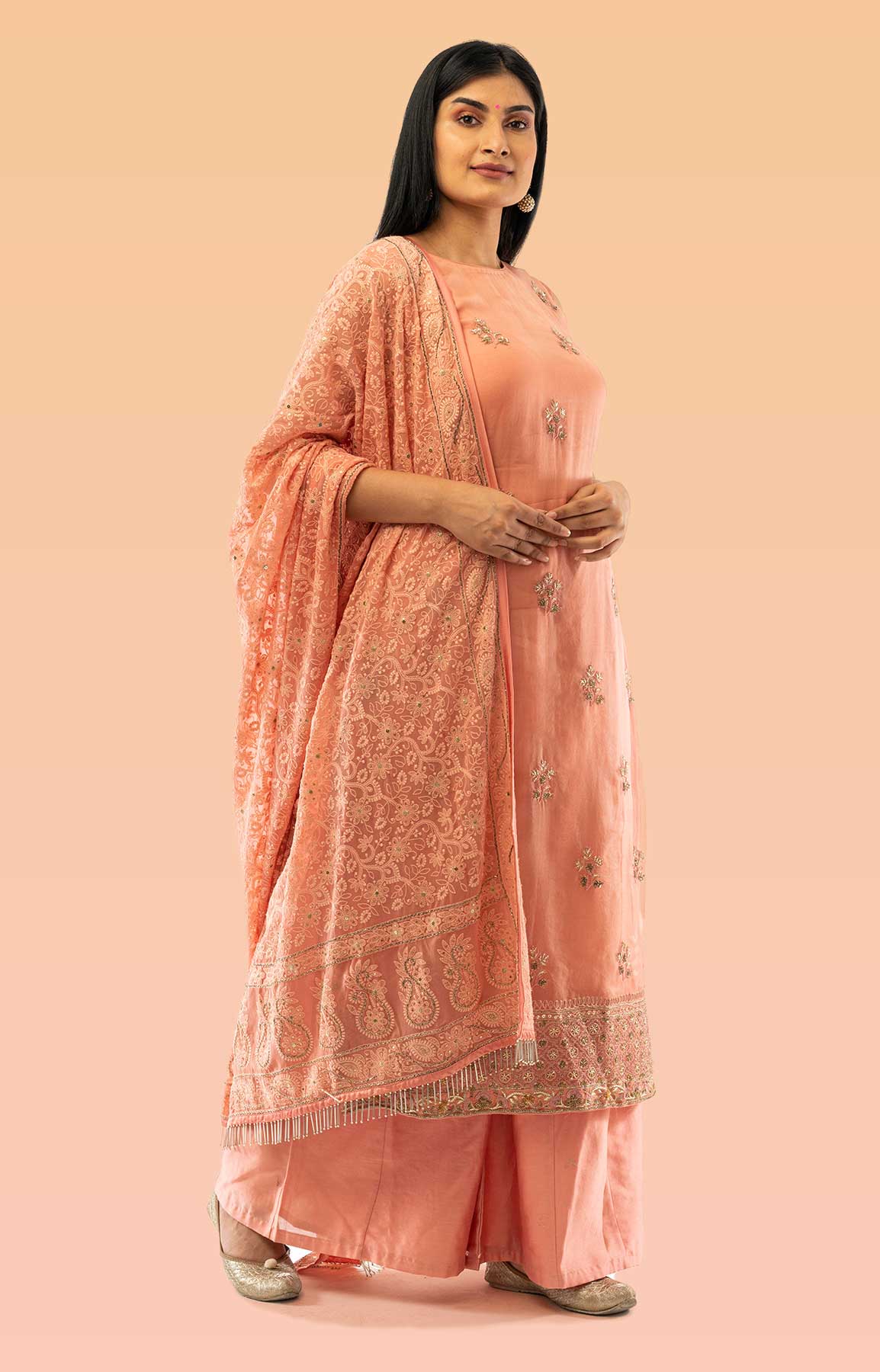 Coral Organza Suit With Chikan Duppatta – Viraaya By Ushnakmals