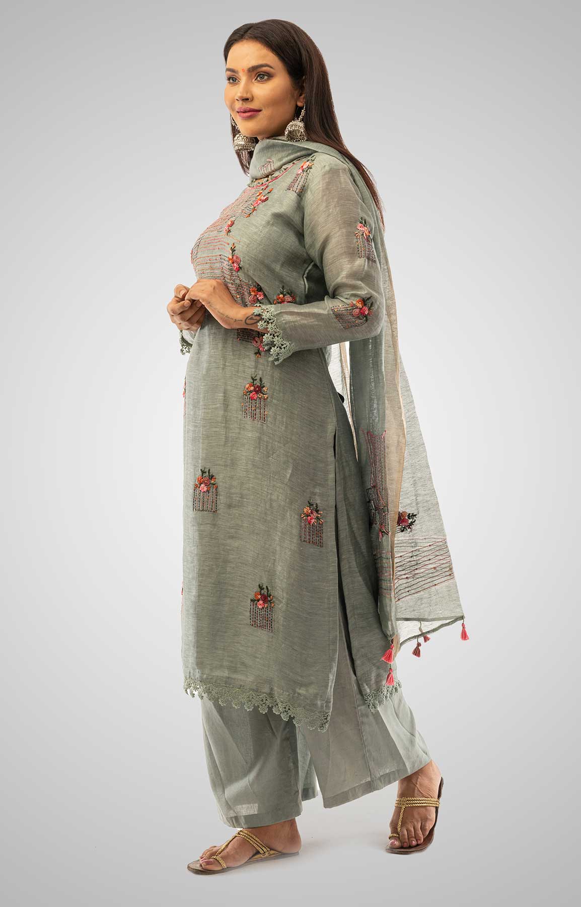 Grey Linen Palazzo Suit With Resham Work – Viraaya By Ushnakmals