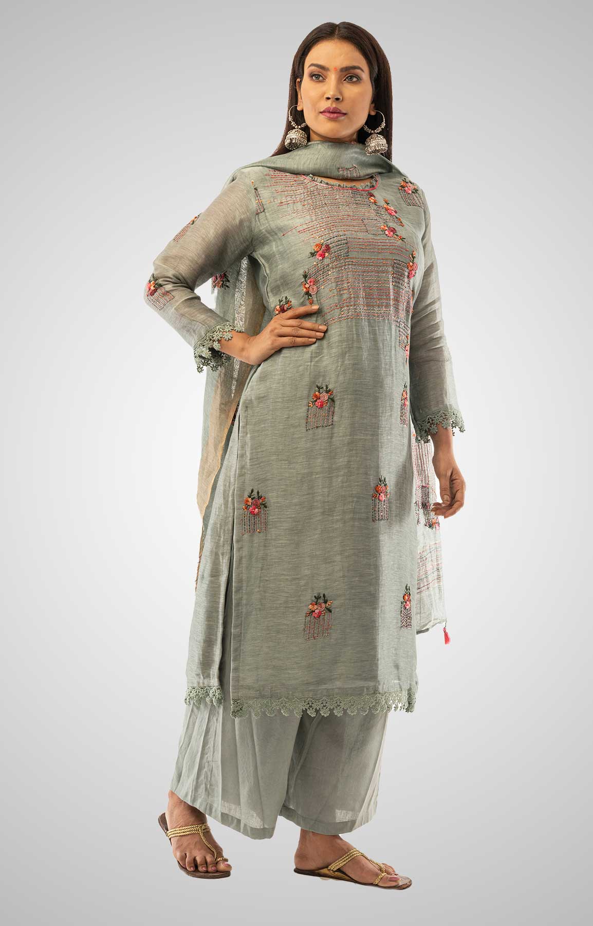 Grey Linen Palazzo Suit With Resham Work – Viraaya By Ushnakmals